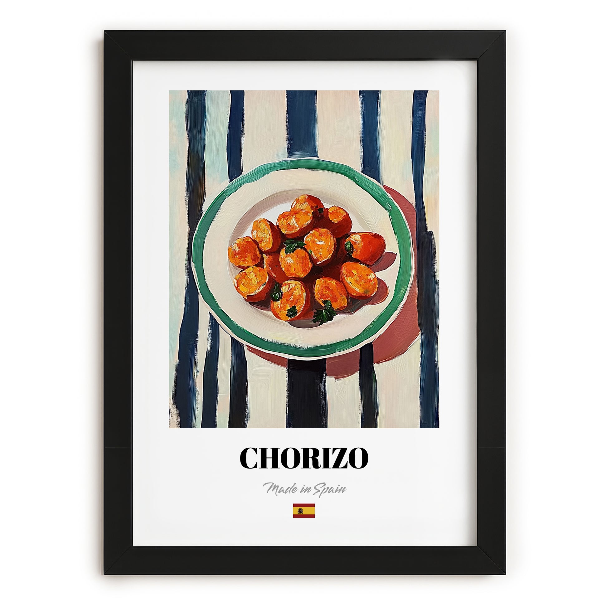 Chorizo – on Striped Tablecloth, Spanish Food Wall Art, in sleek black frame