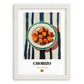Chorizo – on Striped Tablecloth, Spanish Food Wall Art, placed in minimal white frame