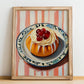 Baba au Rhum – on Striped Tablecloth, French French Dessert Still Life, no-text version framed in wood