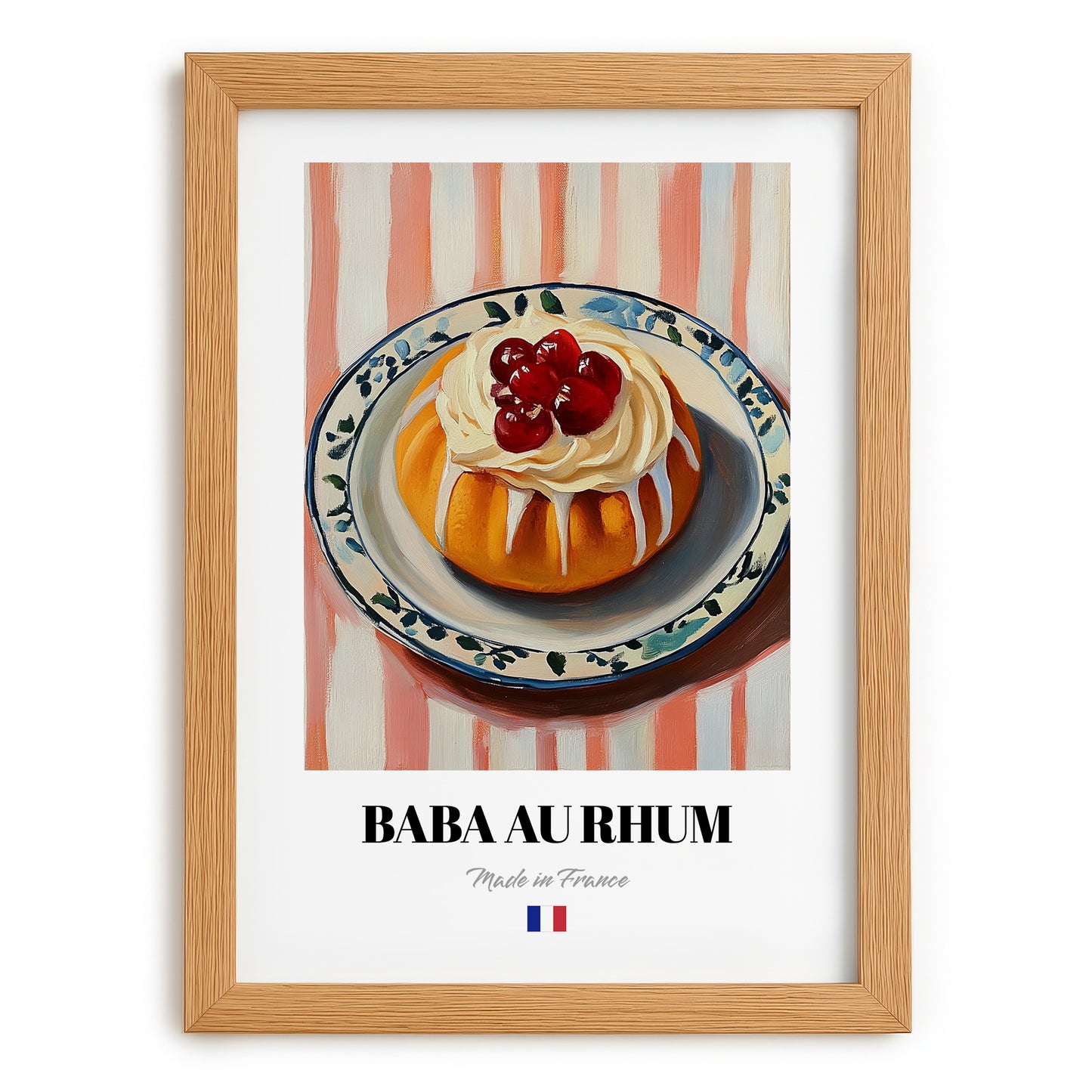 Baba au Rhum – on Striped Tablecloth, French French Dessert Still Life, set in oak frame
