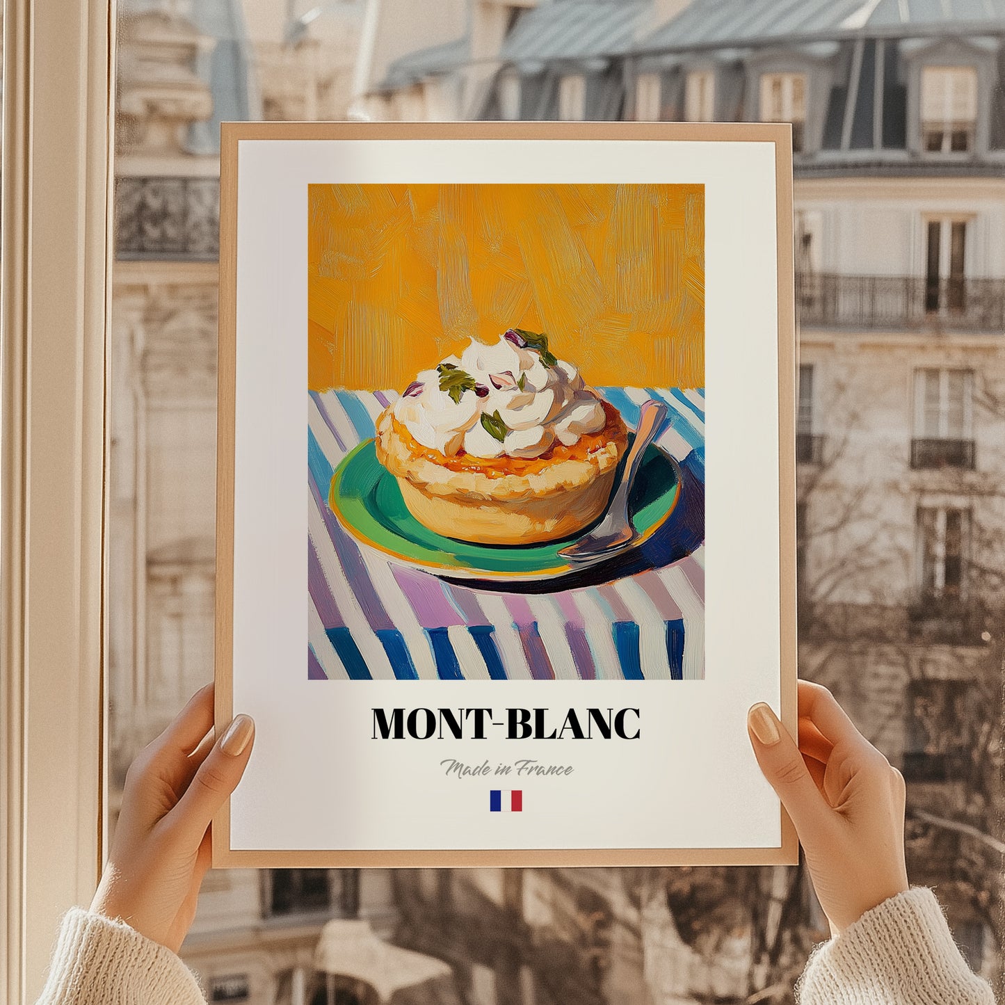 Mont-Blanc – Colorful Oil Painting, French French Dessert Poster, styled in a charming Paris street view