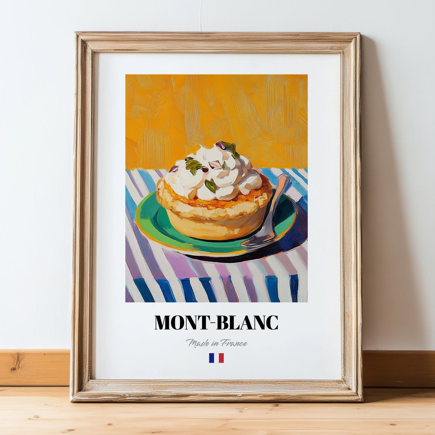 Mont-Blanc – Colorful Oil Painting, French French Dessert Poster, in wooden frame leaning on the floor
