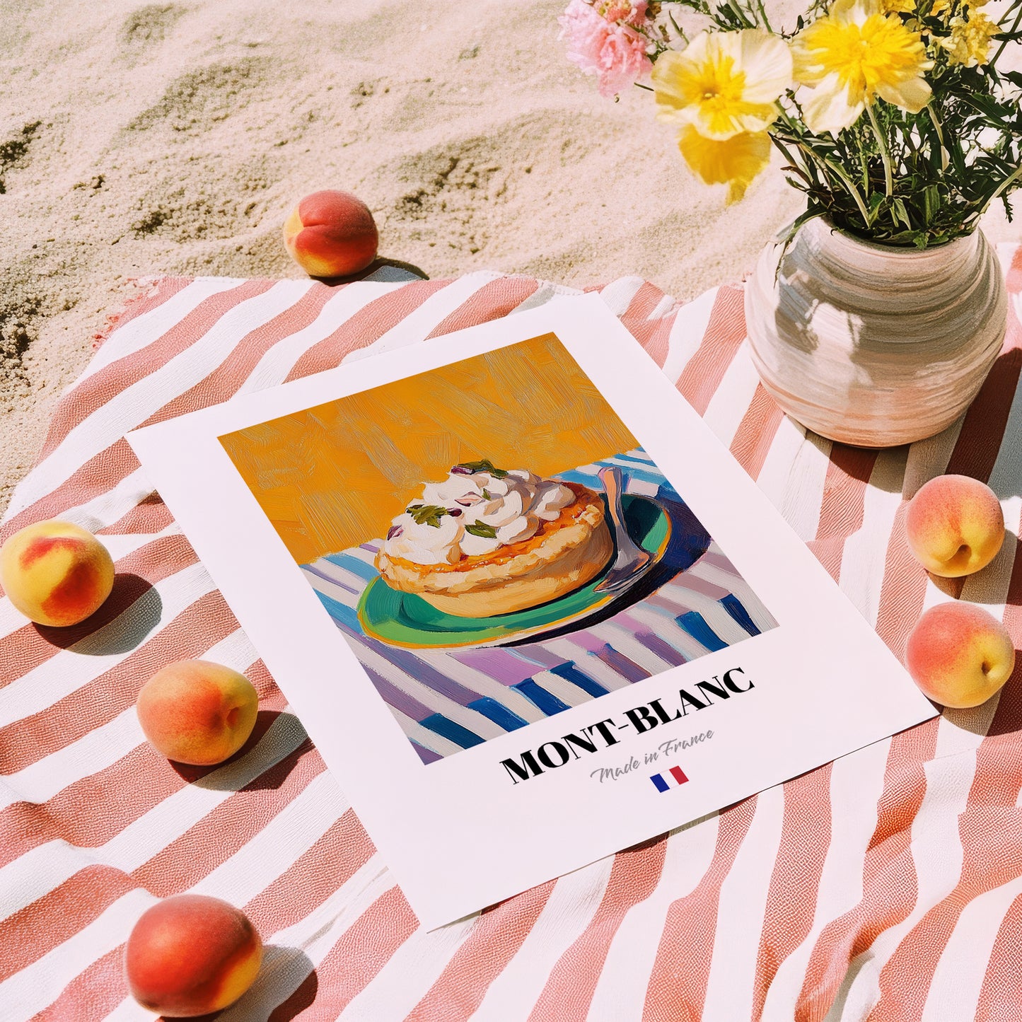 Mont-Blanc – Colorful Oil Painting, French French Dessert Poster, unframed on coastal sand