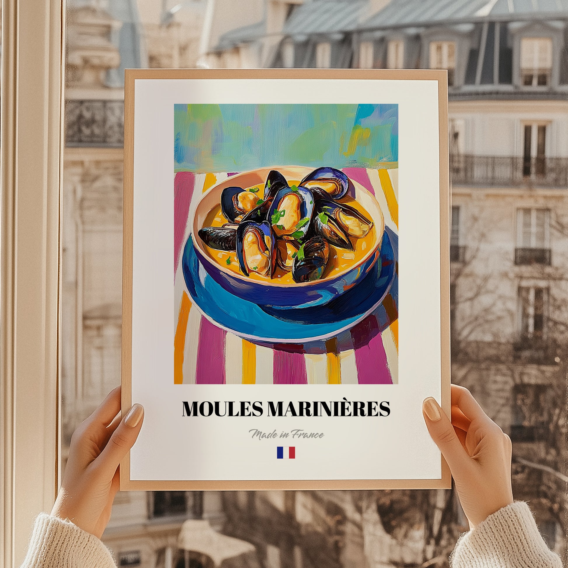Moules Marinières – Colorful Oil Painting, French Food Wall Decor, styled in a charming Paris street view