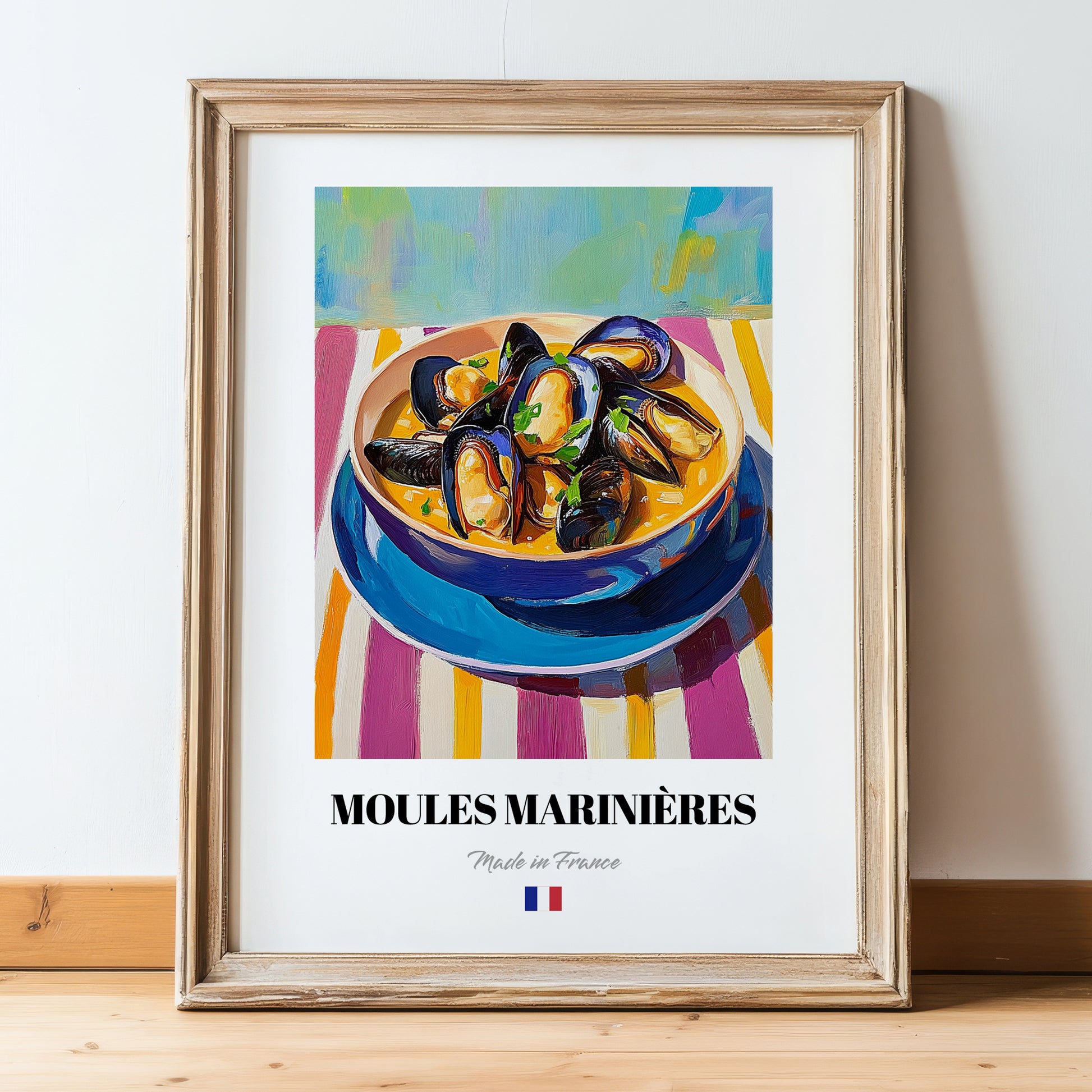 Moules Marinières – Colorful Oil Painting, French Food Wall Decor, in wooden frame leaning on the floor