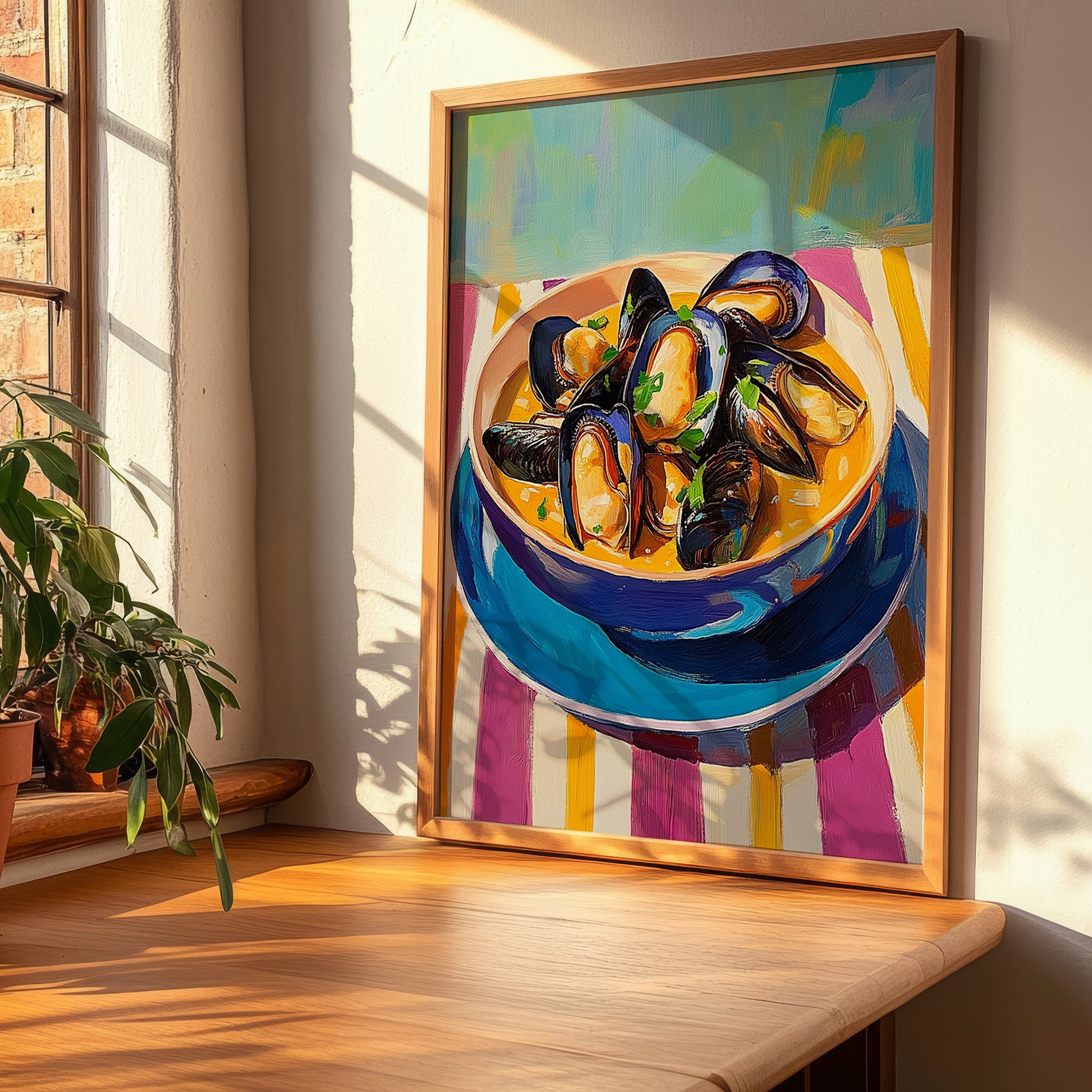 Moules Marinières – Colorful Oil Painting, French Food Wall Decor, clean layout with no caption