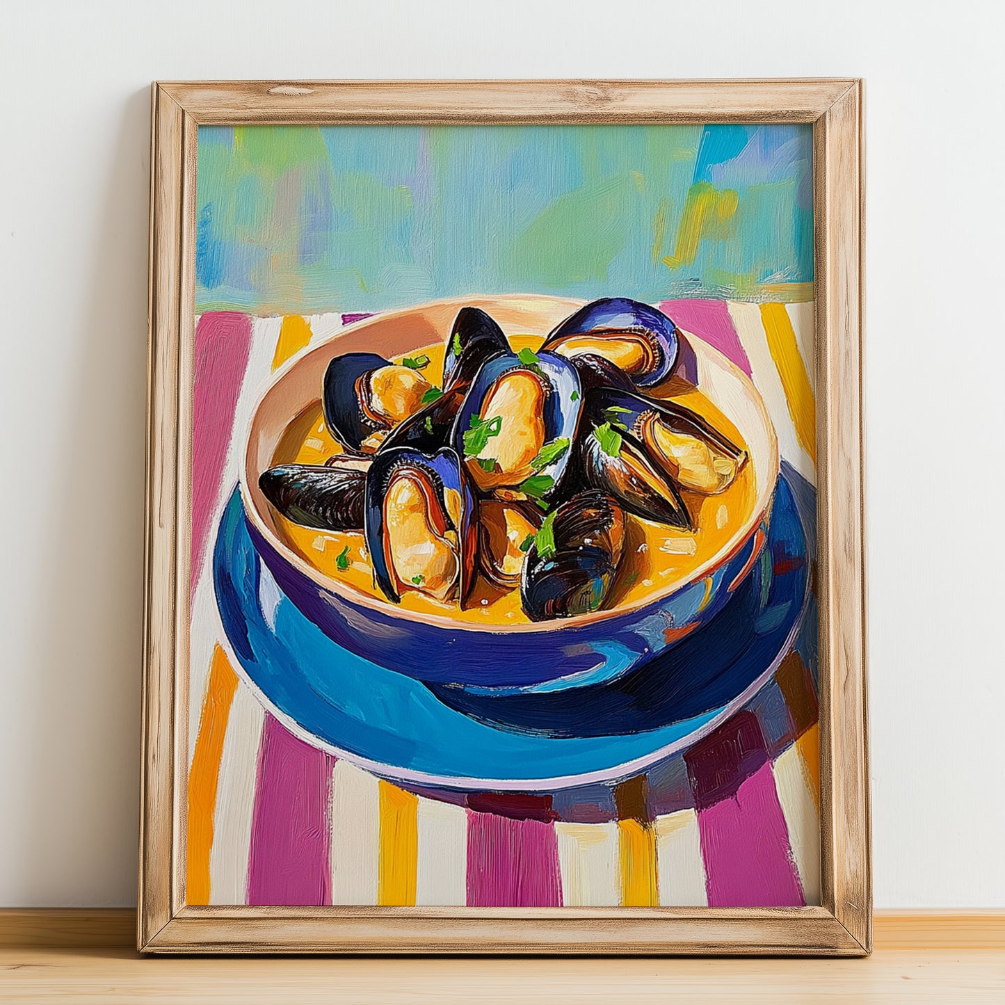 Moules Marinières – Colorful Oil Painting, French Food Wall Decor, no-text version framed in wood