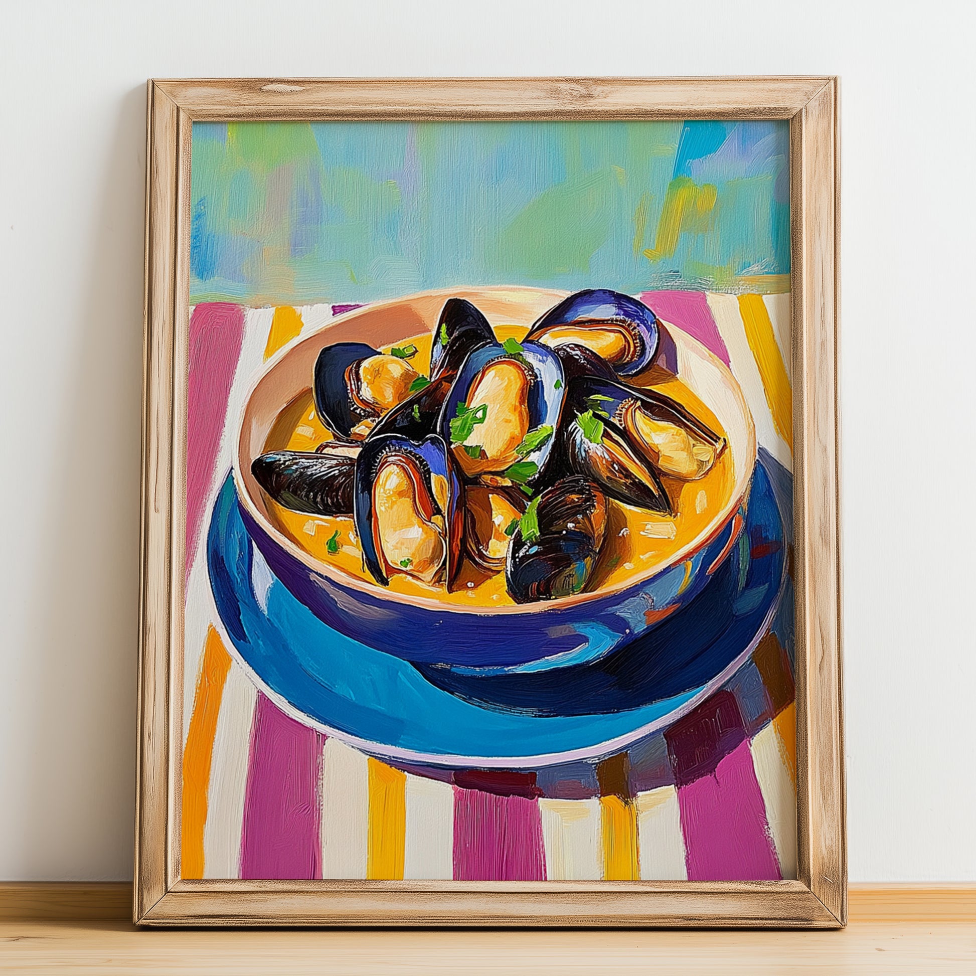 Moules Marinières – Colorful Oil Painting, French Food Wall Decor, no-text version framed in wood