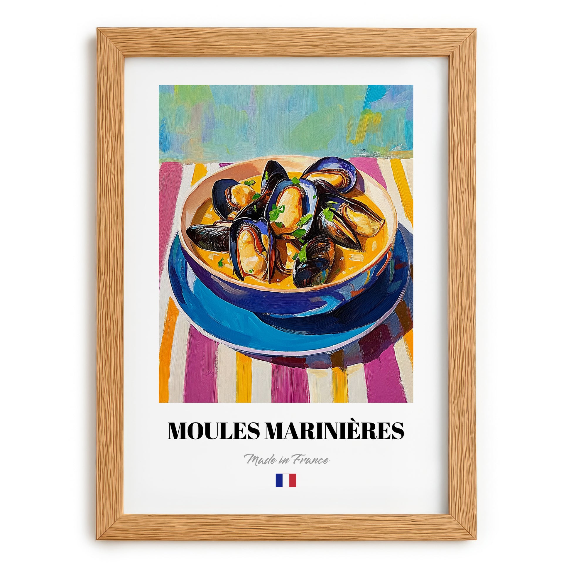 Moules Marinières – Colorful Oil Painting, French Food Wall Decor, set in oak frame