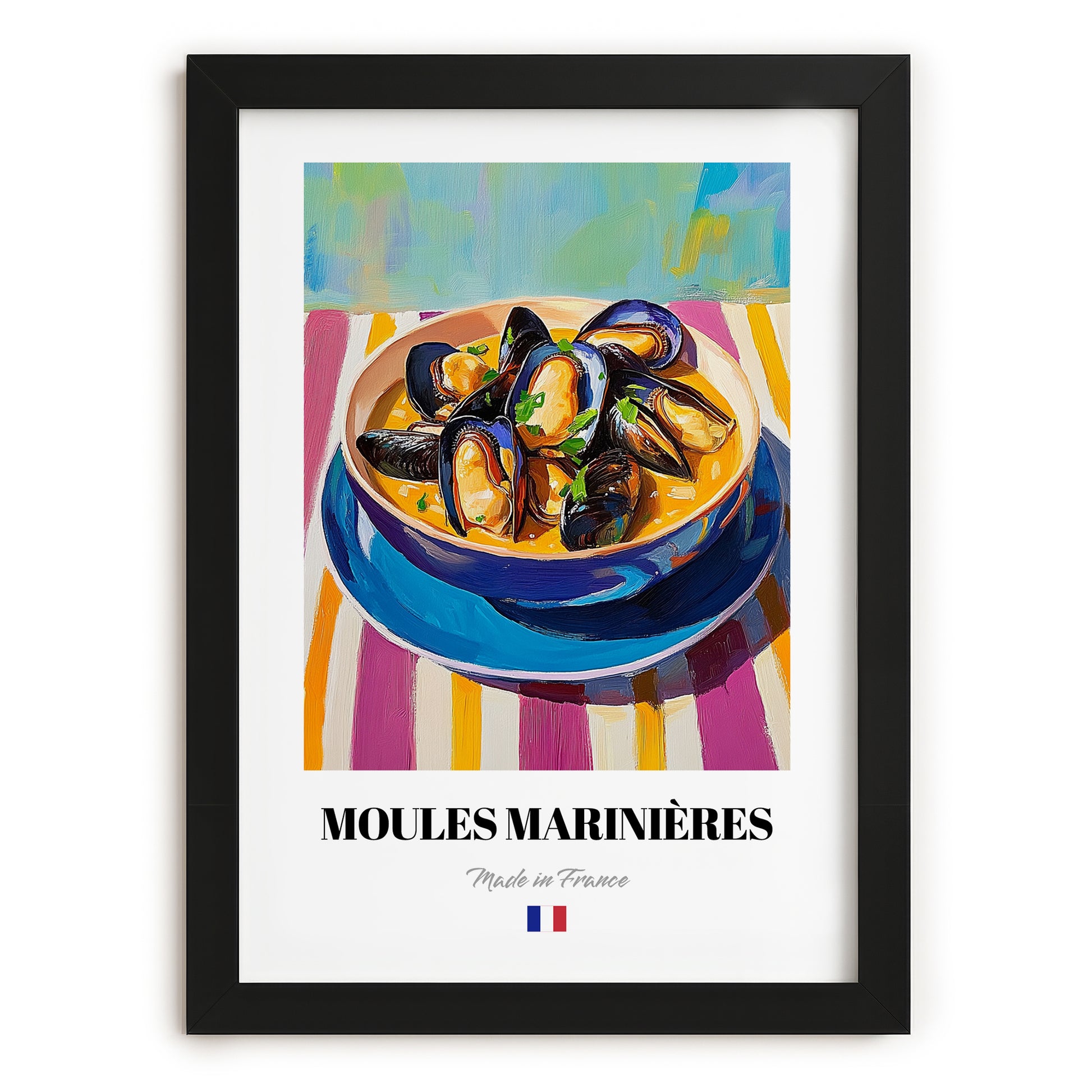 Moules Marinières – Colorful Oil Painting, French Food Wall Decor, in sleek black frame