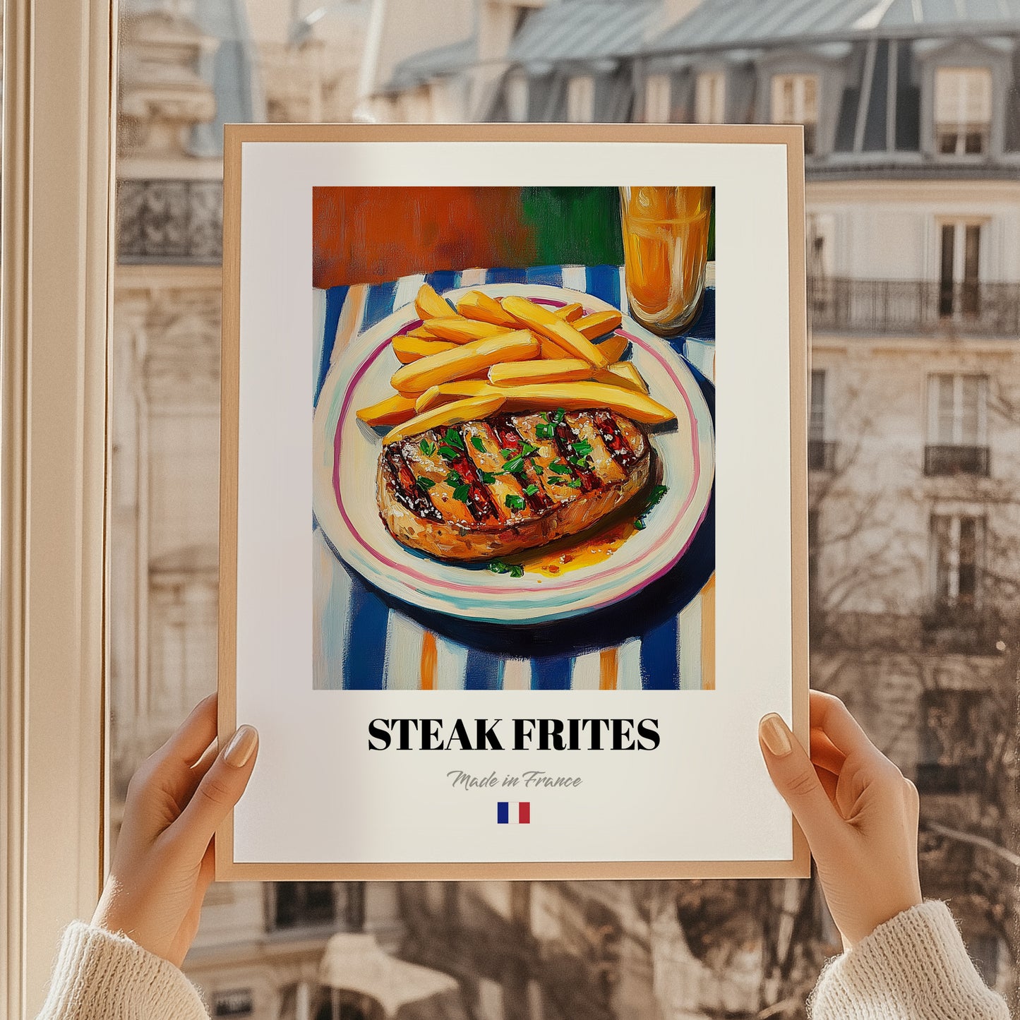 Steak Frites – Oil Painting, French Food Illustration, styled in a charming Paris street view
