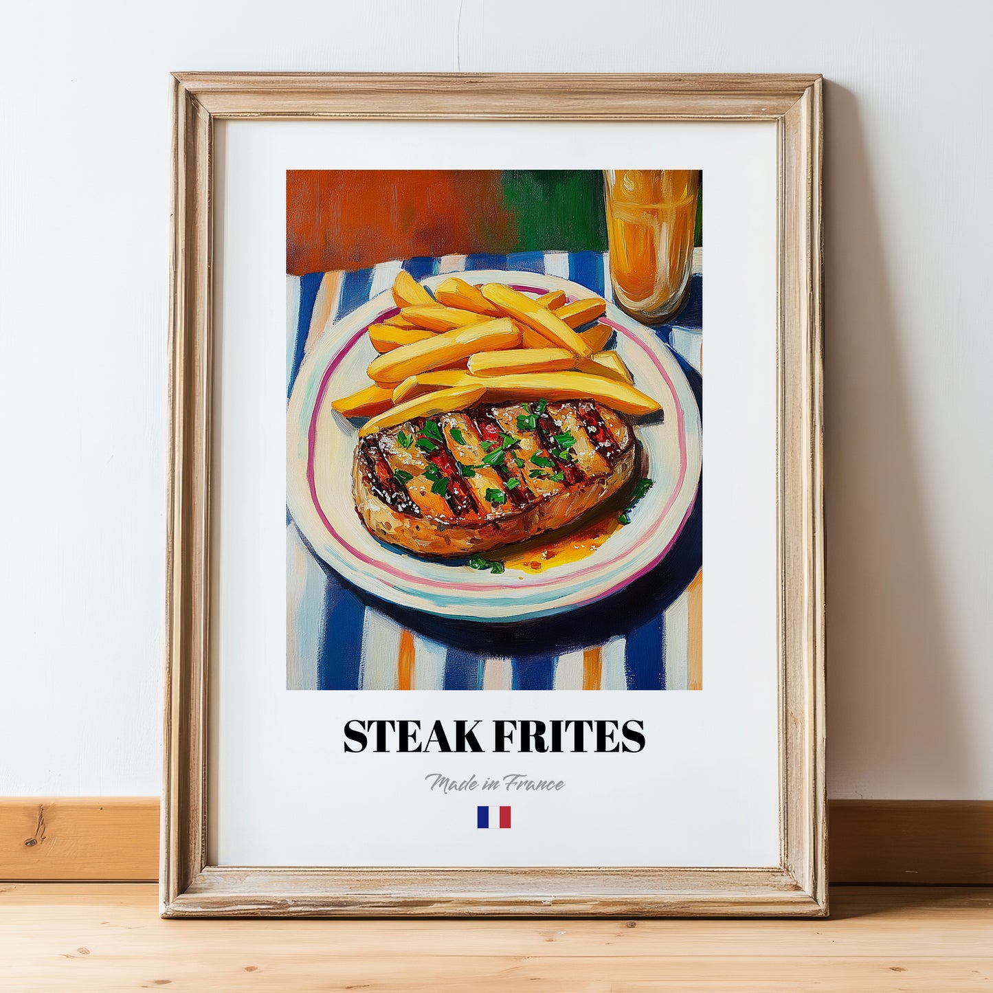 Steak Frites – Oil Painting, French Food Illustration, in wooden frame leaning on the floor