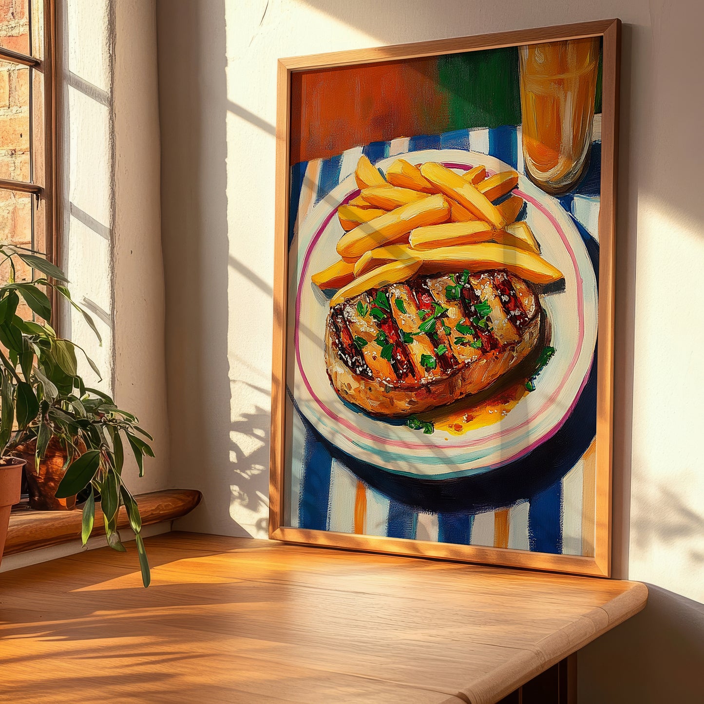 Steak Frites – Oil Painting, French Food Illustration, clean layout with no caption