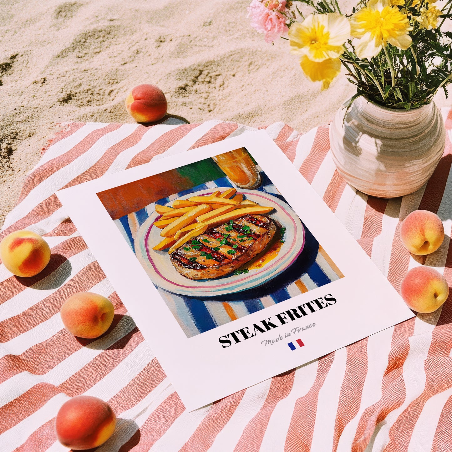Steak Frites – Oil Painting, French Food Illustration, unframed on coastal sand