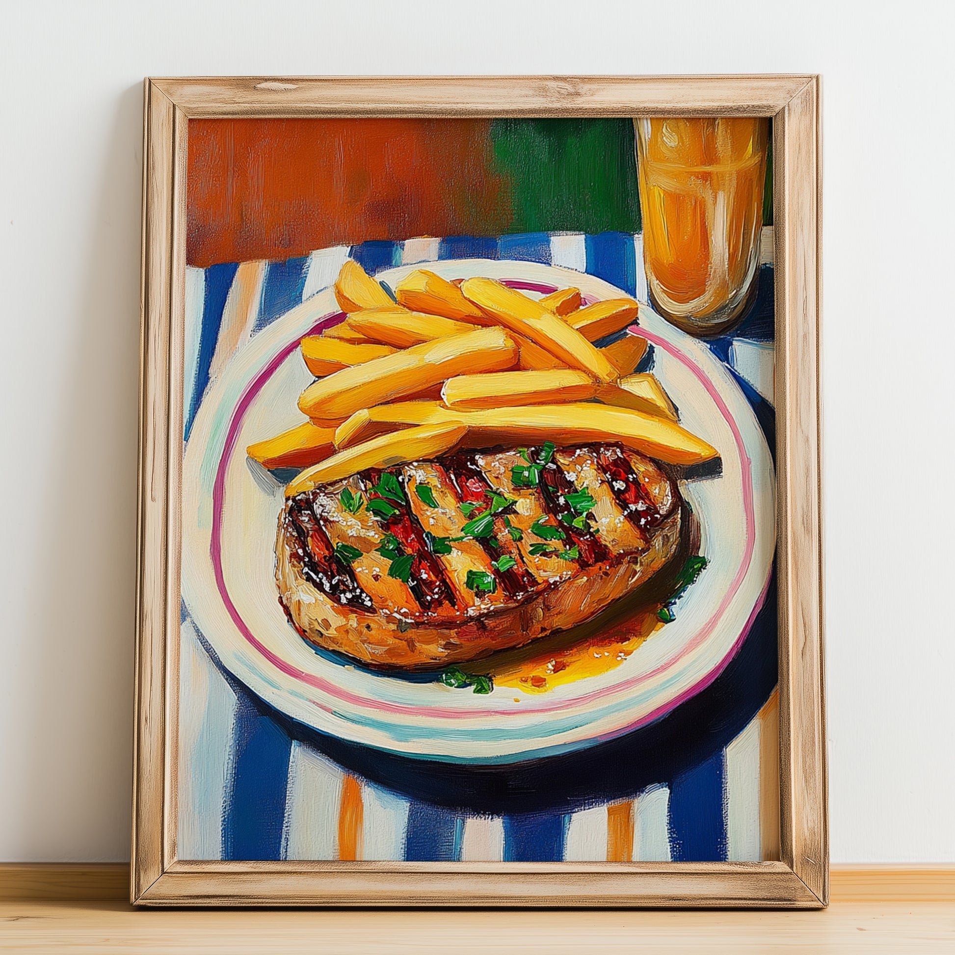 Steak Frites – Oil Painting, French Food Illustration, no-text version framed in wood