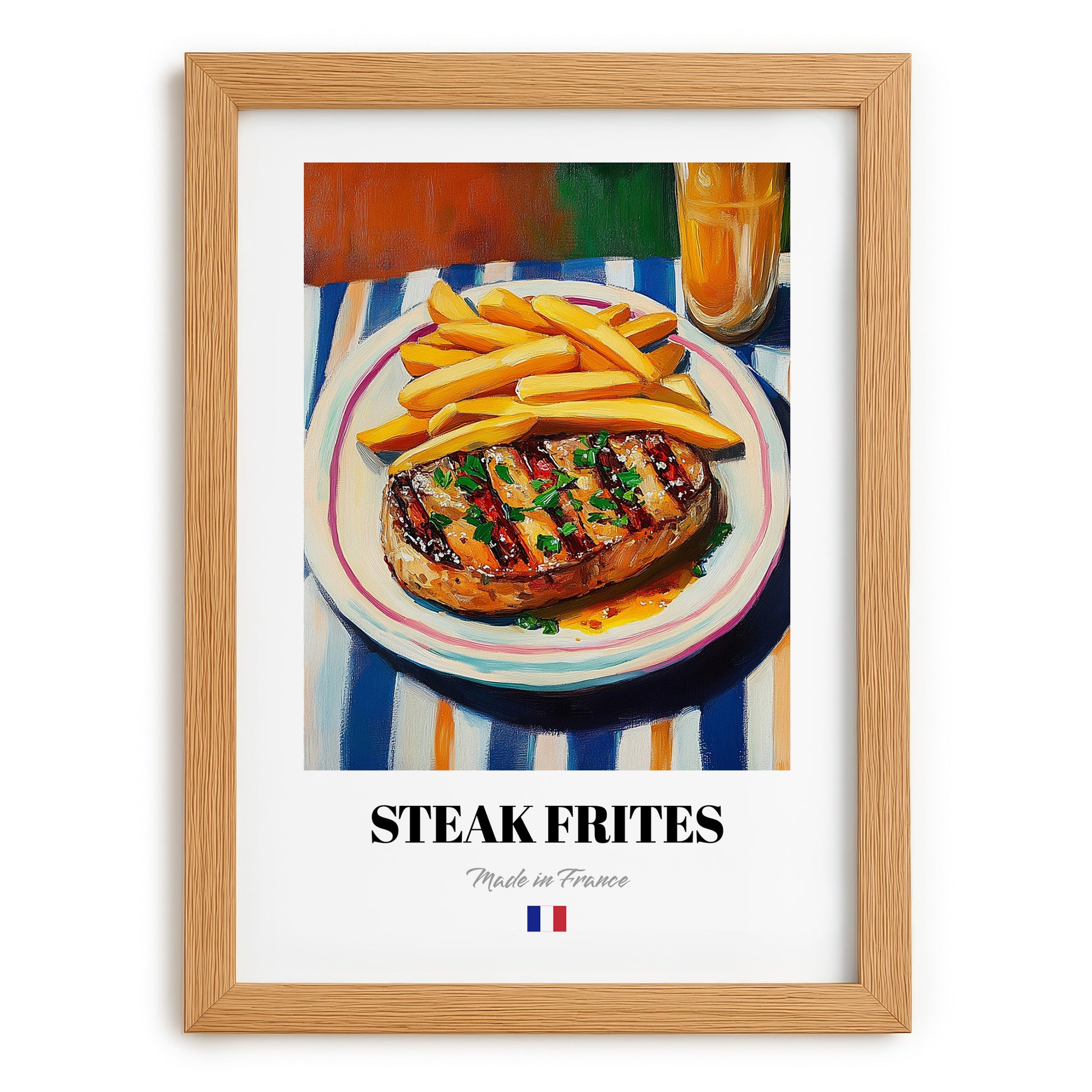 Steak Frites – Oil Painting, French Food Illustration, set in oak frame