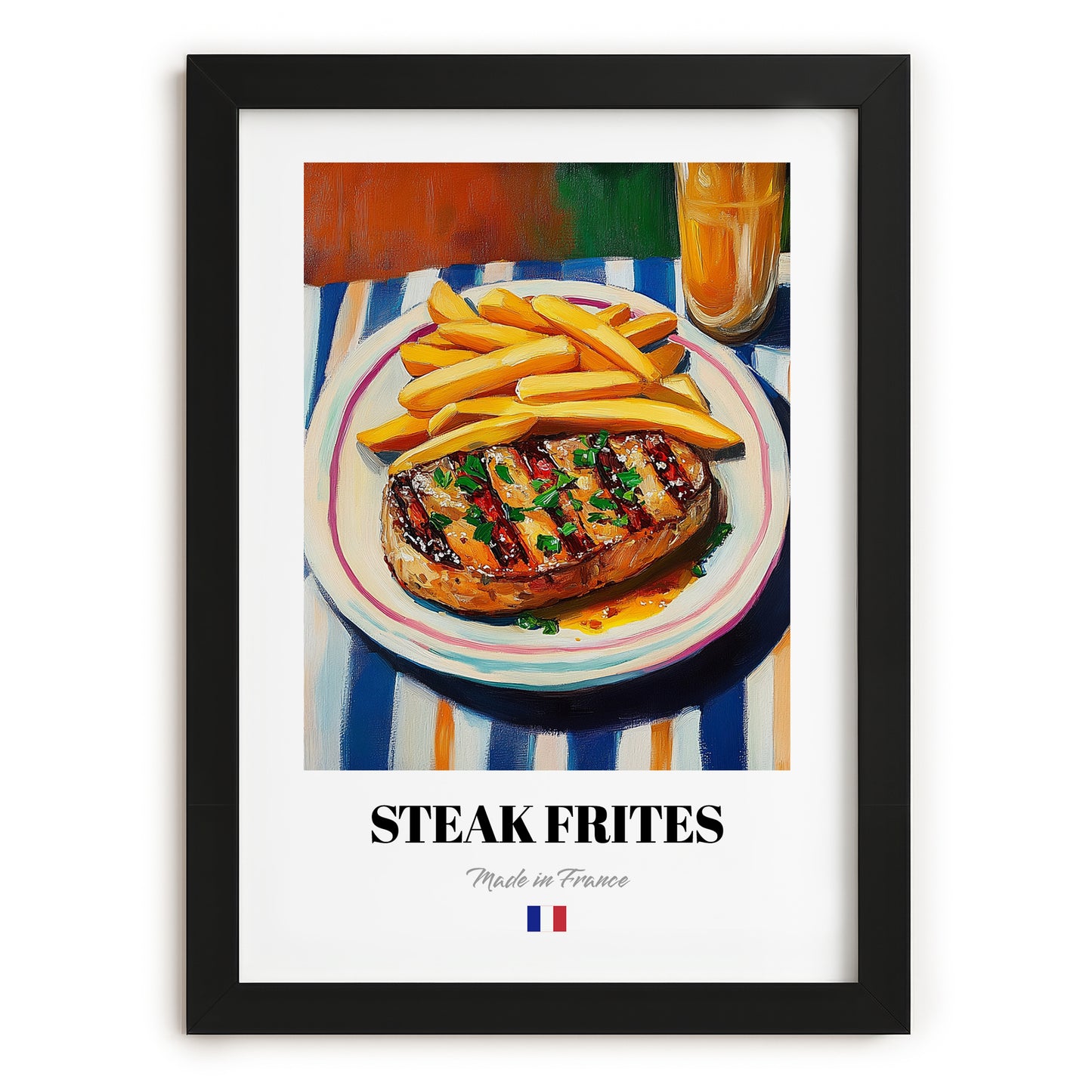 Steak Frites – Oil Painting, French Food Illustration, in sleek black frame
