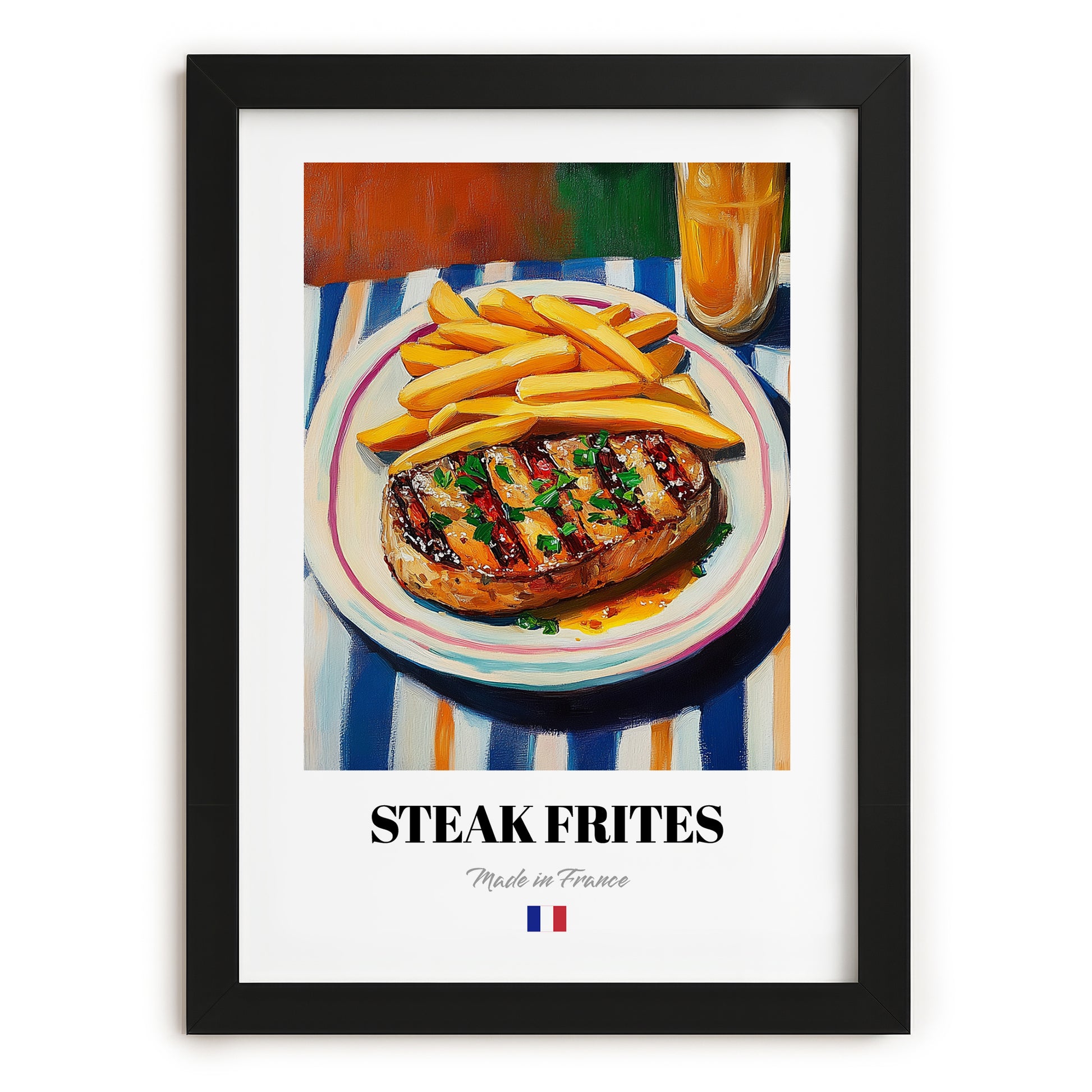 Steak Frites – Oil Painting, French Food Illustration, in sleek black frame