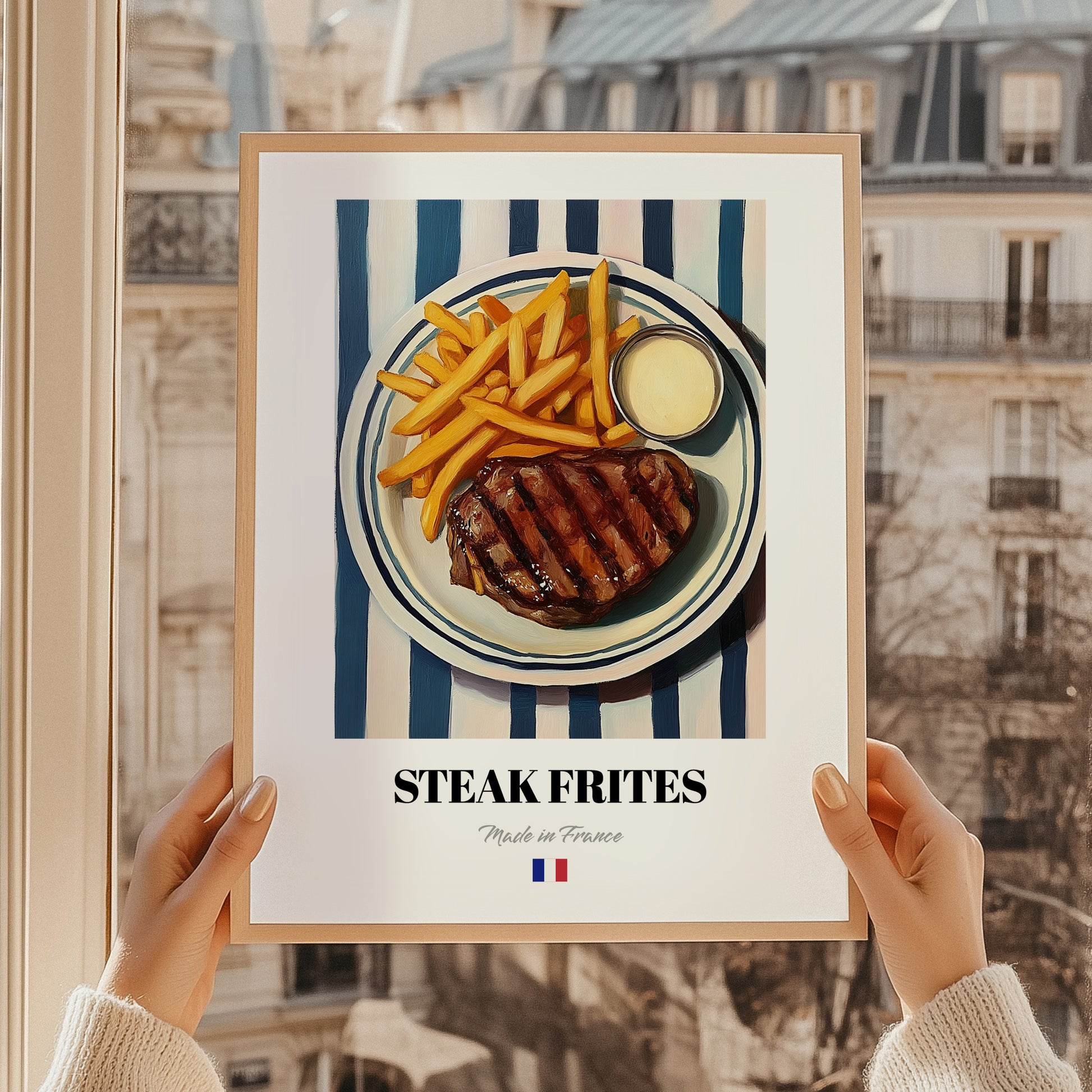 Steak Frites – on Striped Tablecloth, French Food Painting, styled in a charming Paris street view