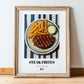 Steak Frites – on Striped Tablecloth, French Food Painting, in wooden frame leaning on the floor