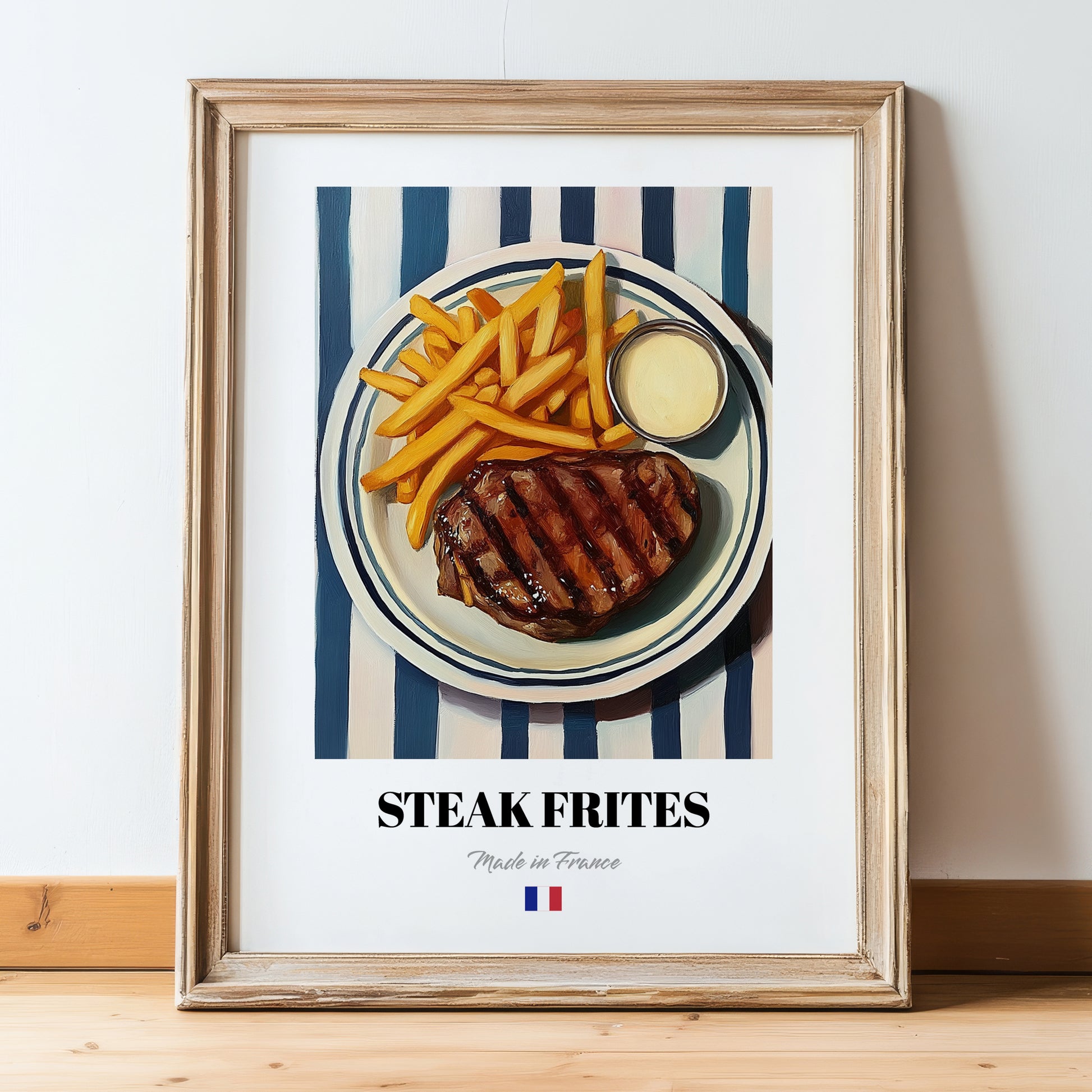 Steak Frites – on Striped Tablecloth, French Food Painting, in wooden frame leaning on the floor