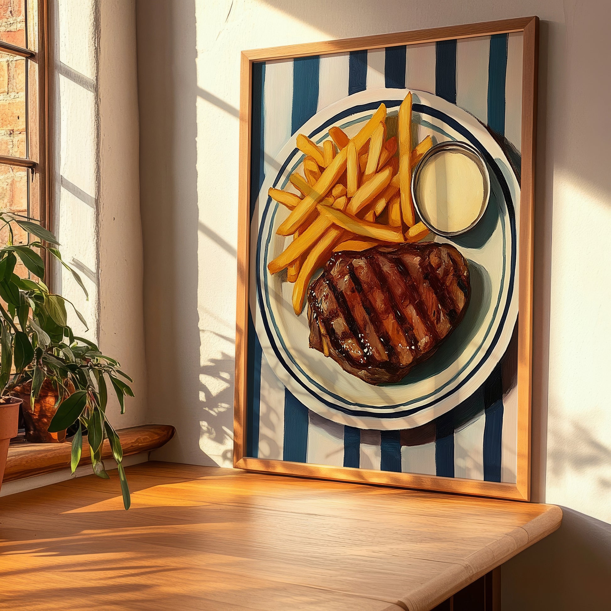 Steak Frites – on Striped Tablecloth, French Food Painting, clean layout with no caption