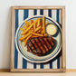 Steak Frites – on Striped Tablecloth, French Food Painting, no-text version framed in wood