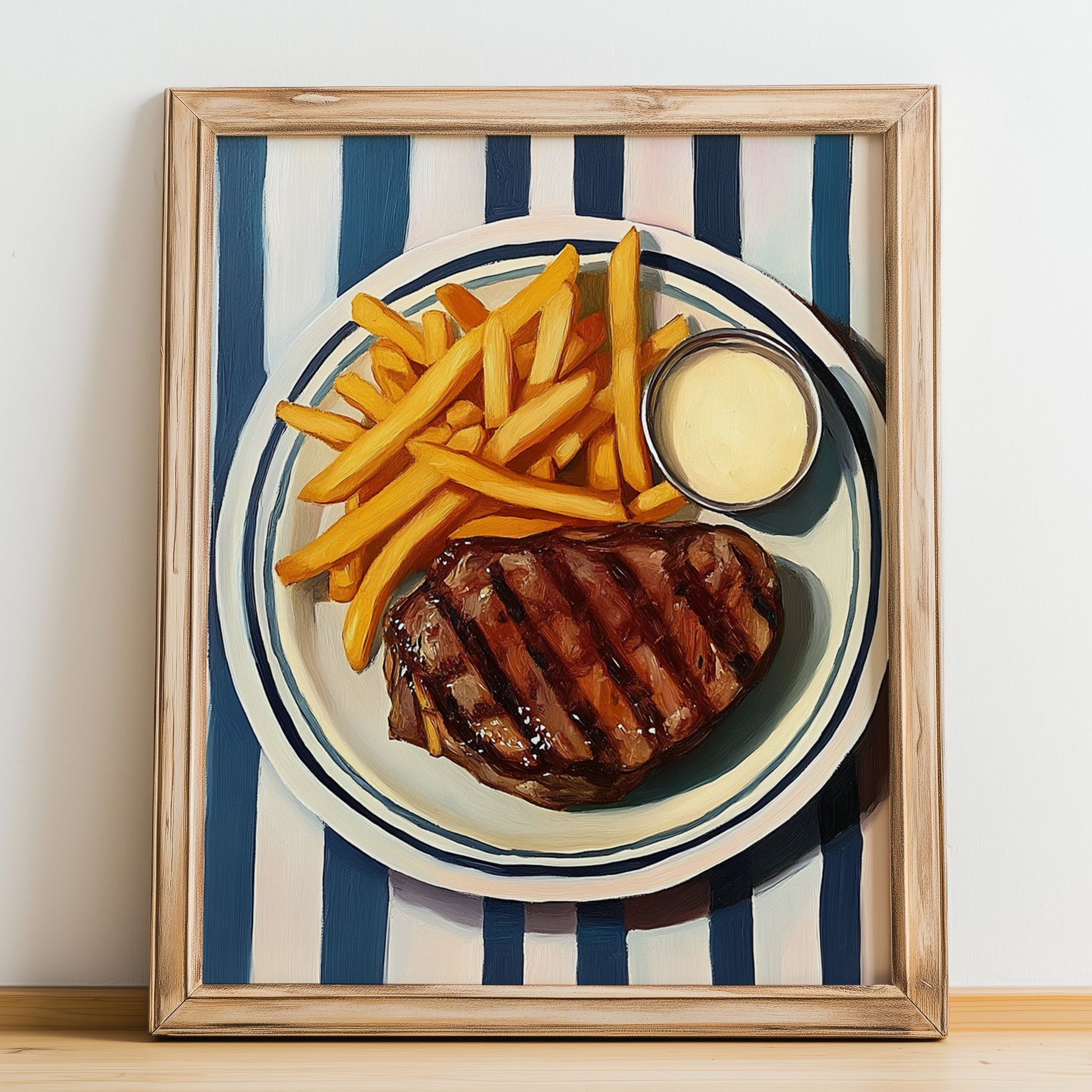 Steak Frites – on Striped Tablecloth, French Food Painting, no-text version framed in wood