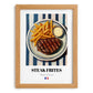 Steak Frites – on Striped Tablecloth, French Food Painting, set in oak frame