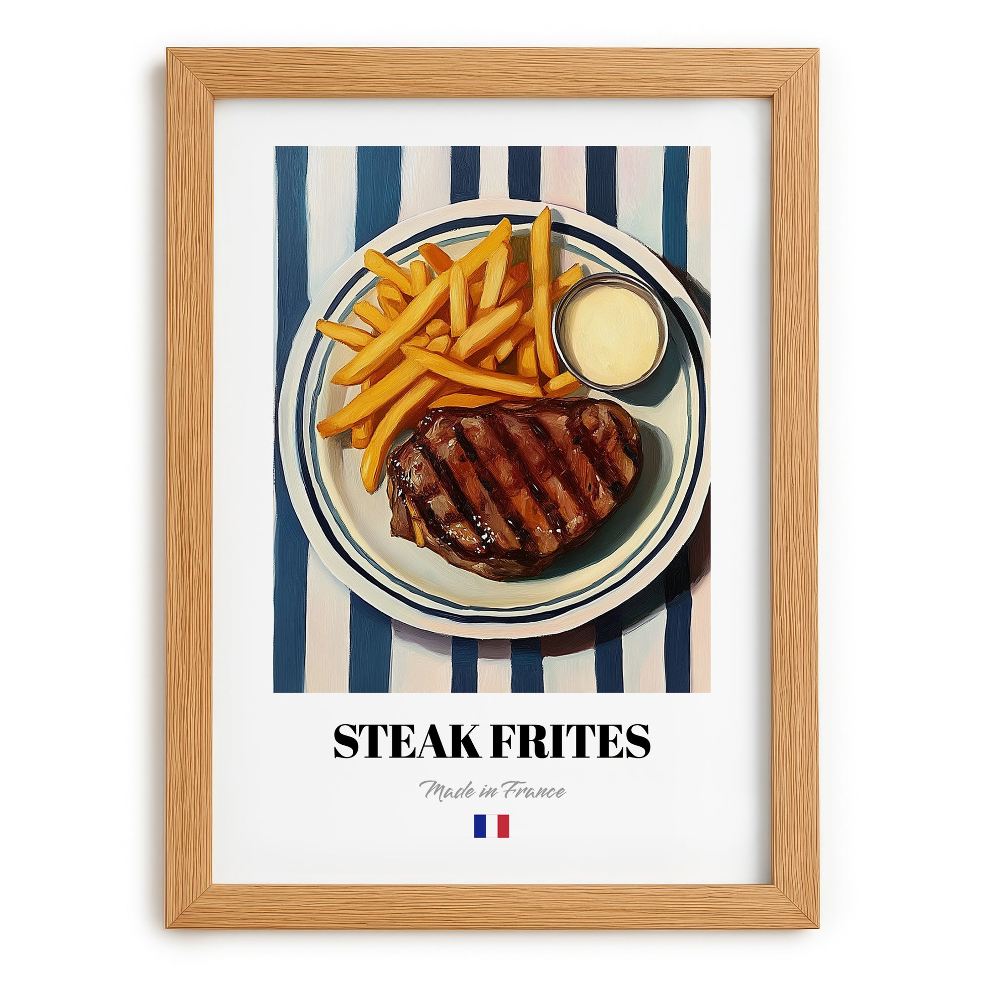 Steak Frites – on Striped Tablecloth, French Food Painting, set in oak frame