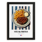 Steak Frites – on Striped Tablecloth, French Food Painting, in sleek black frame