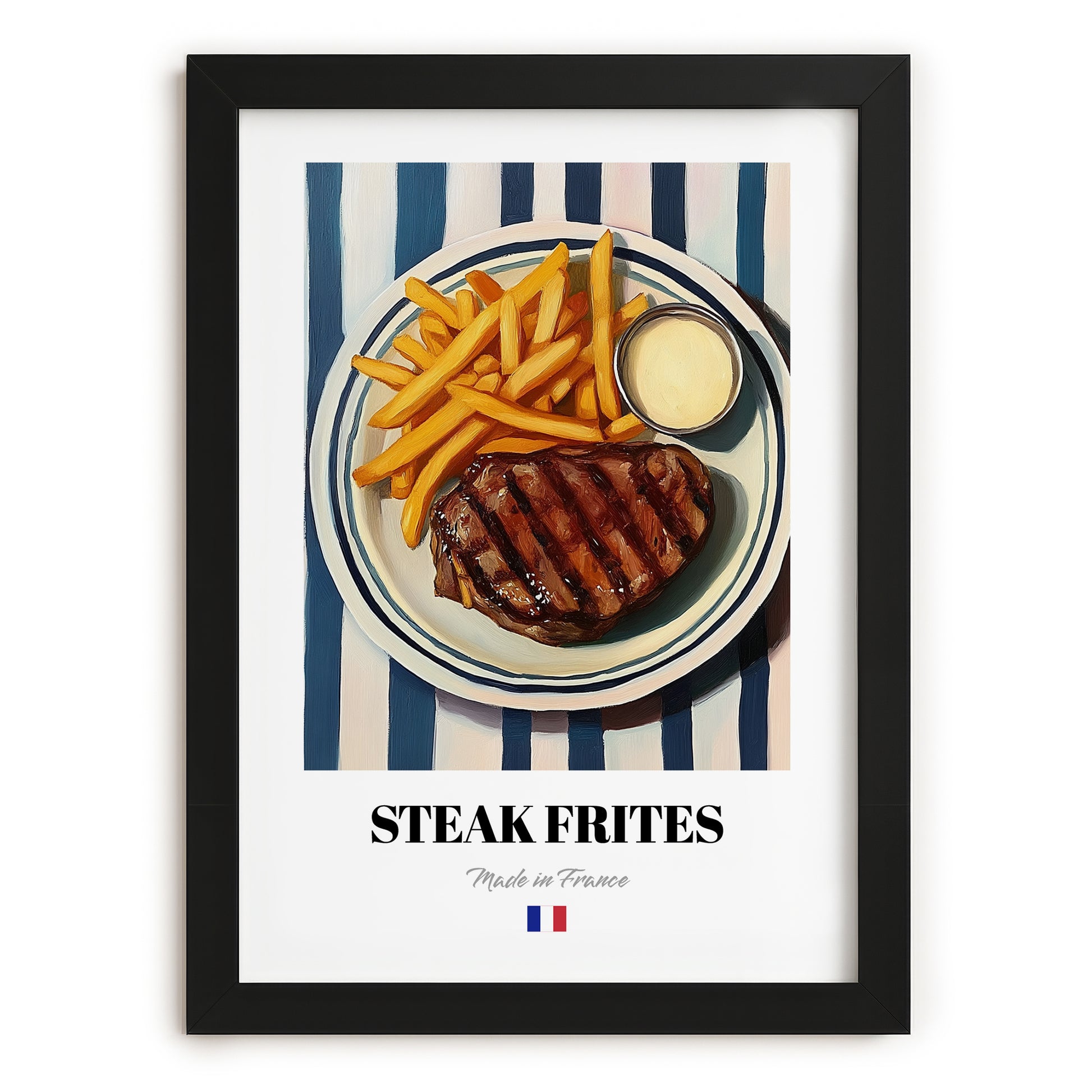 Steak Frites – on Striped Tablecloth, French Food Painting, in sleek black frame