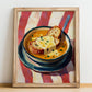 Soupe à l’Oignon – on Striped Tablecloth, French Food Poster, no-text version framed in wood