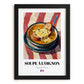 Soupe à l’Oignon – on Striped Tablecloth, French Food Poster, in sleek black frame