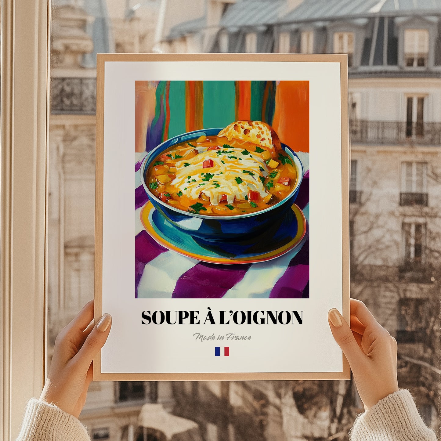 Soupe à l’Oignon – Colorful Oil Painting, French Food Poster, styled in a charming Paris street view