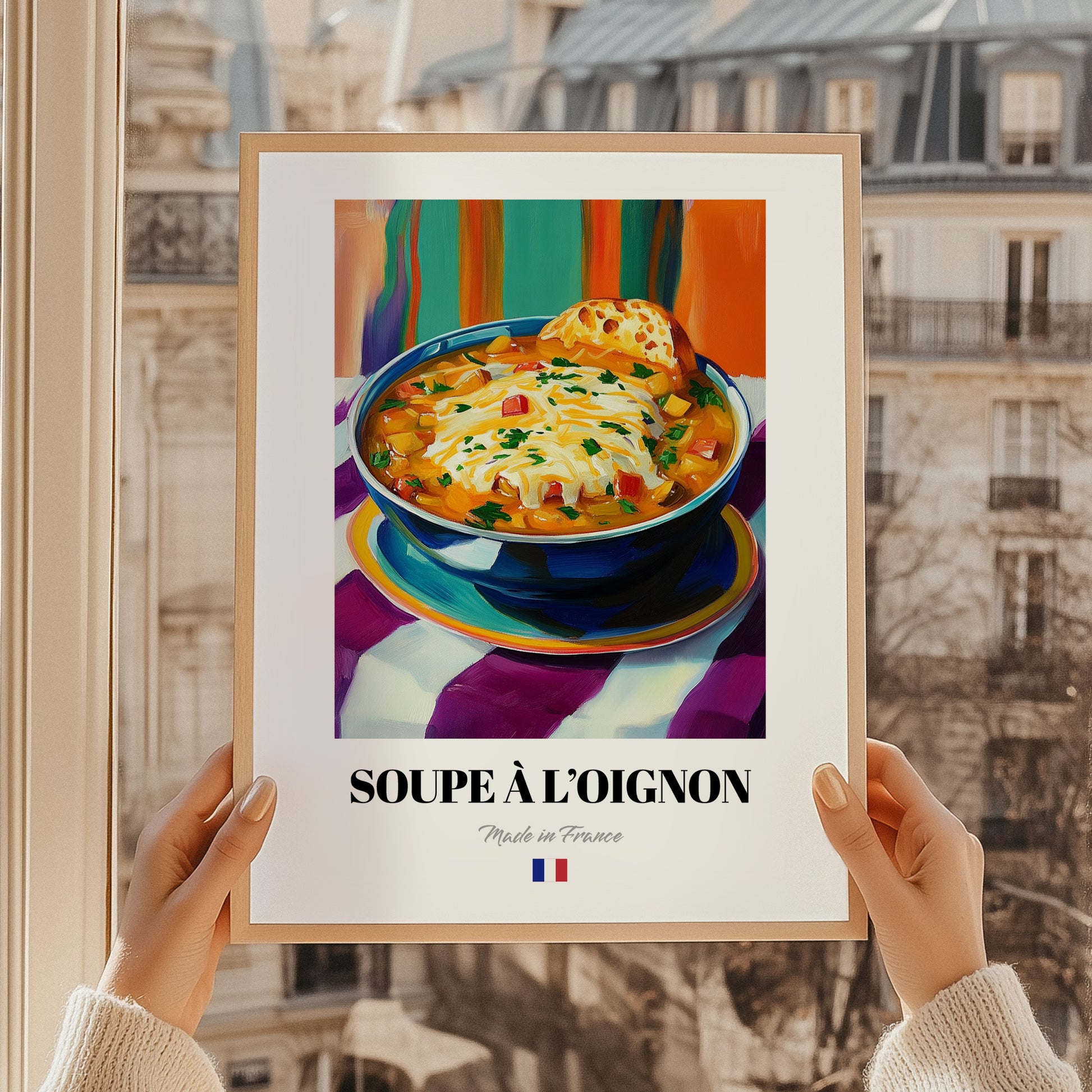 Soupe à l’Oignon – Colorful Oil Painting, French Food Poster, styled in a charming Paris street view