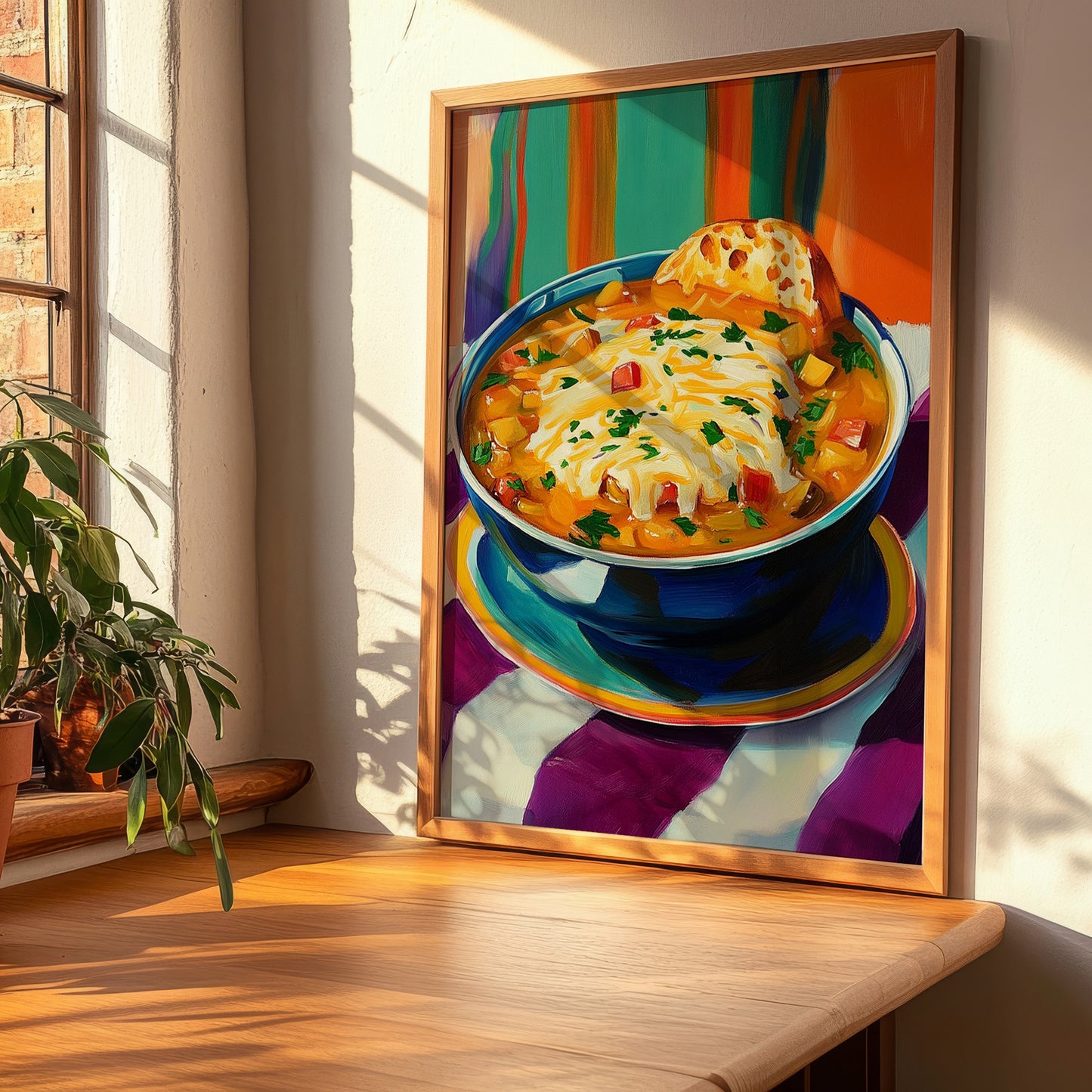 Soupe à l’Oignon – Colorful Oil Painting, French Food Poster, clean layout with no caption
