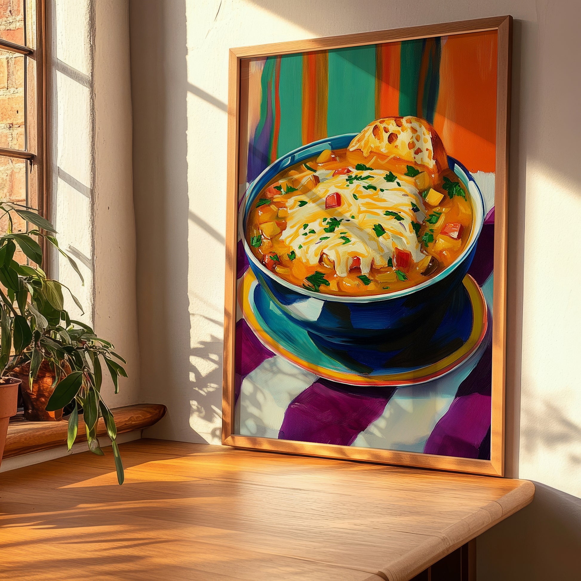 Soupe à l’Oignon – Colorful Oil Painting, French Food Poster, clean layout with no caption