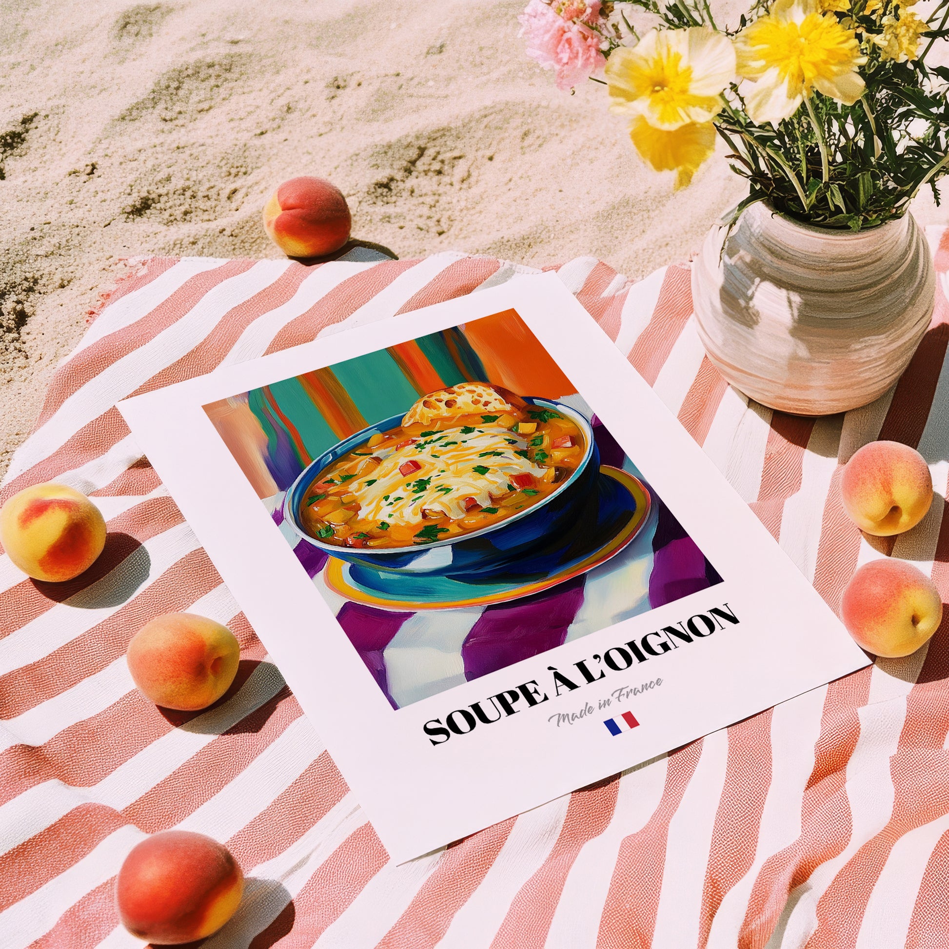 Soupe à l’Oignon – Colorful Oil Painting, French Food Poster, unframed on coastal sand