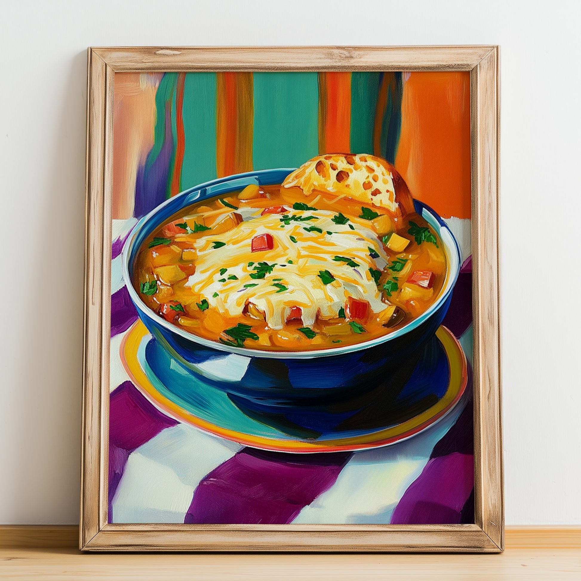 Soupe à l’Oignon – Colorful Oil Painting, French Food Poster, no-text version framed in wood