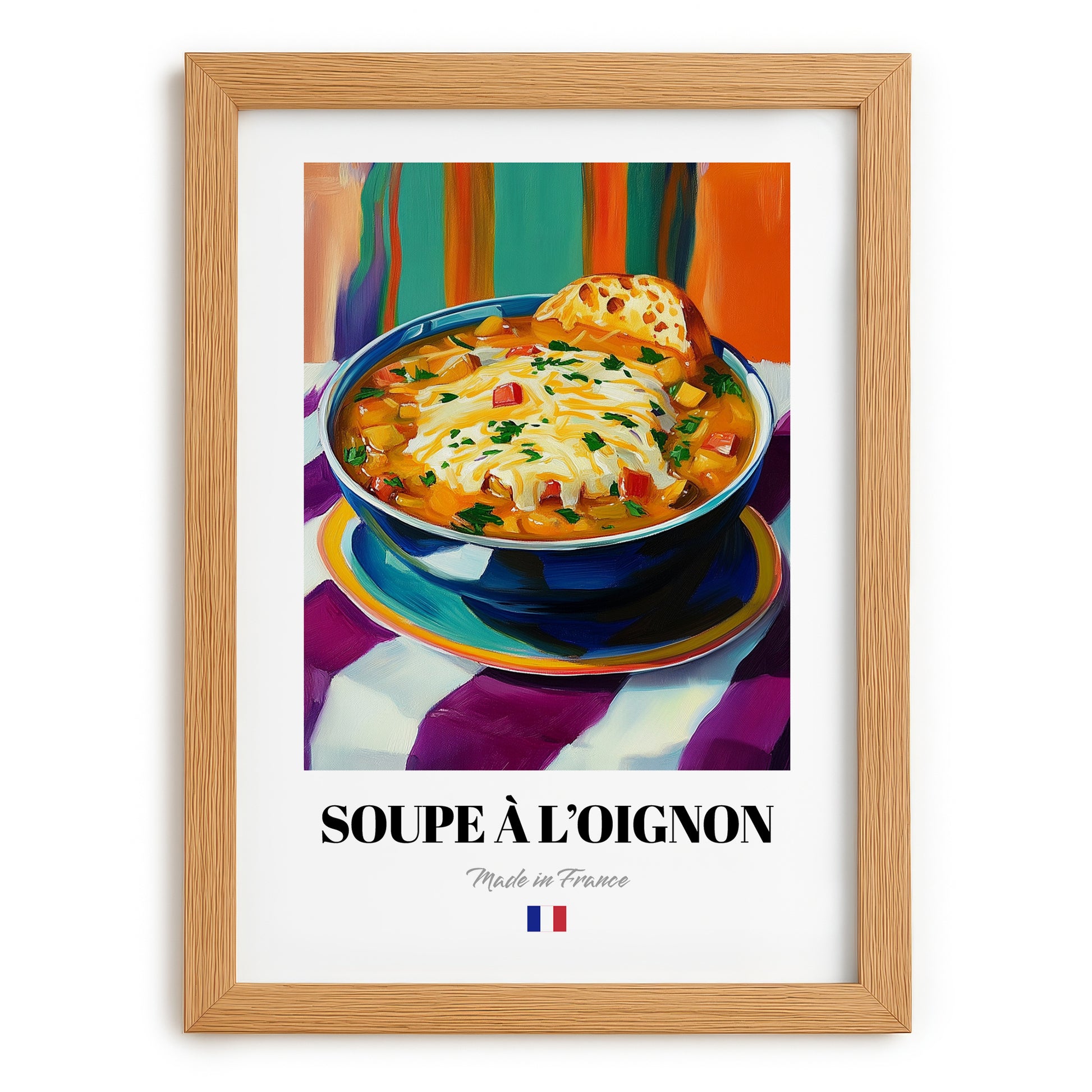 Soupe à l’Oignon – Colorful Oil Painting, French Food Poster, set in oak frame