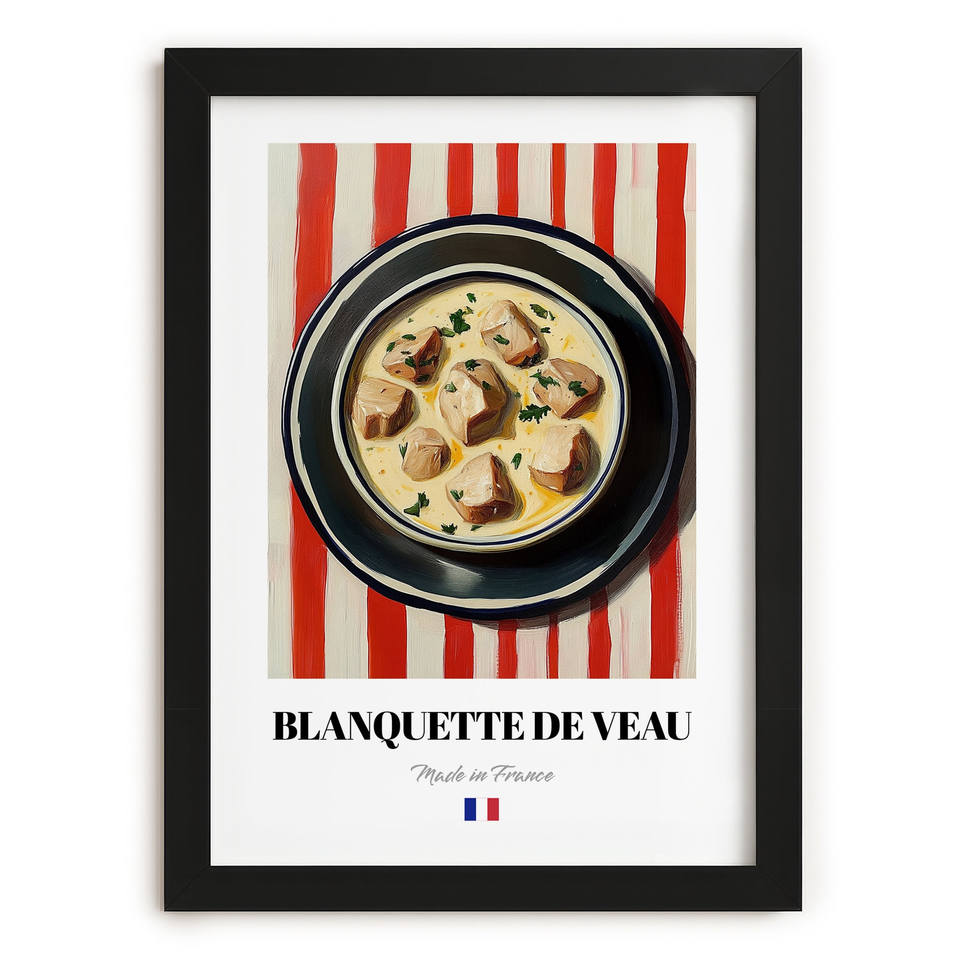 Blanquette de Veau – on Striped Tablecloth, French Food Illustration, in sleek black frame
