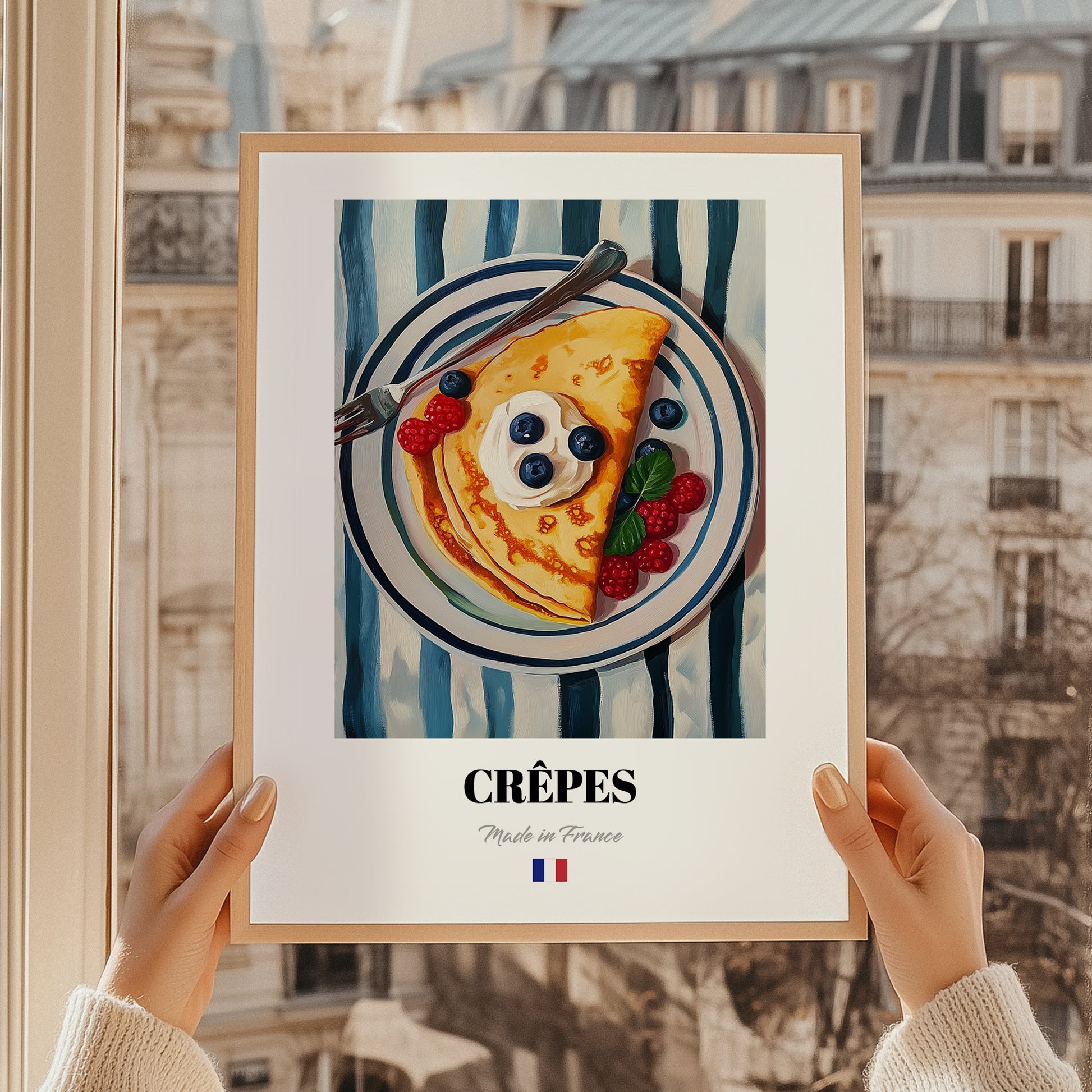 Crêpes – on Striped Tablecloth, French French Pastry Still Life, styled in a charming Paris street view