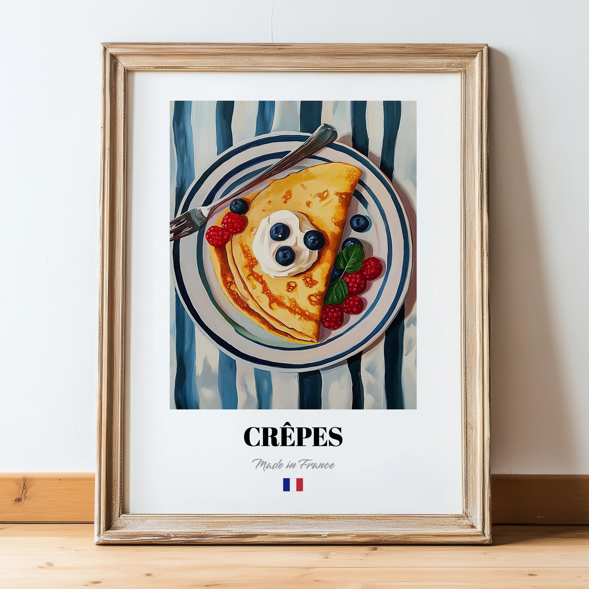 Crêpes – on Striped Tablecloth, French French Pastry Still Life, in wooden frame leaning on the floor
