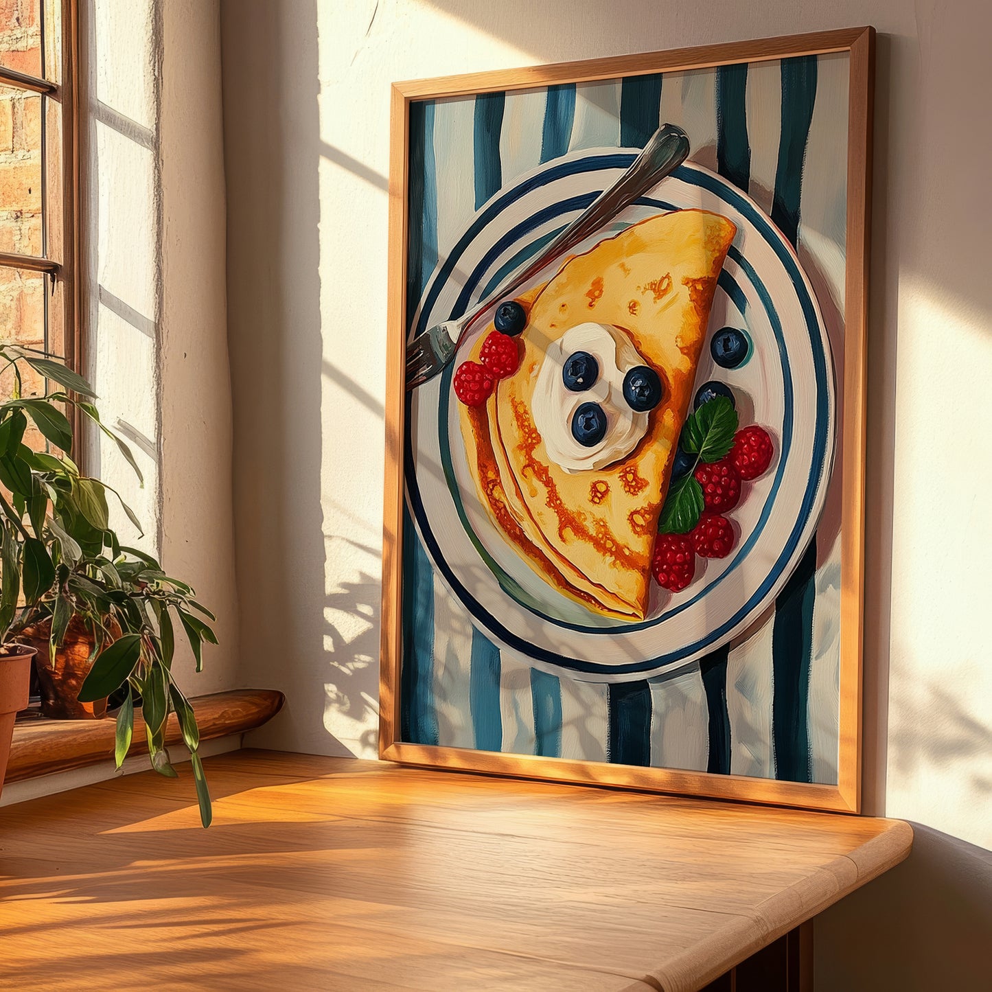 Crêpes – on Striped Tablecloth, French French Pastry Still Life, clean layout with no caption