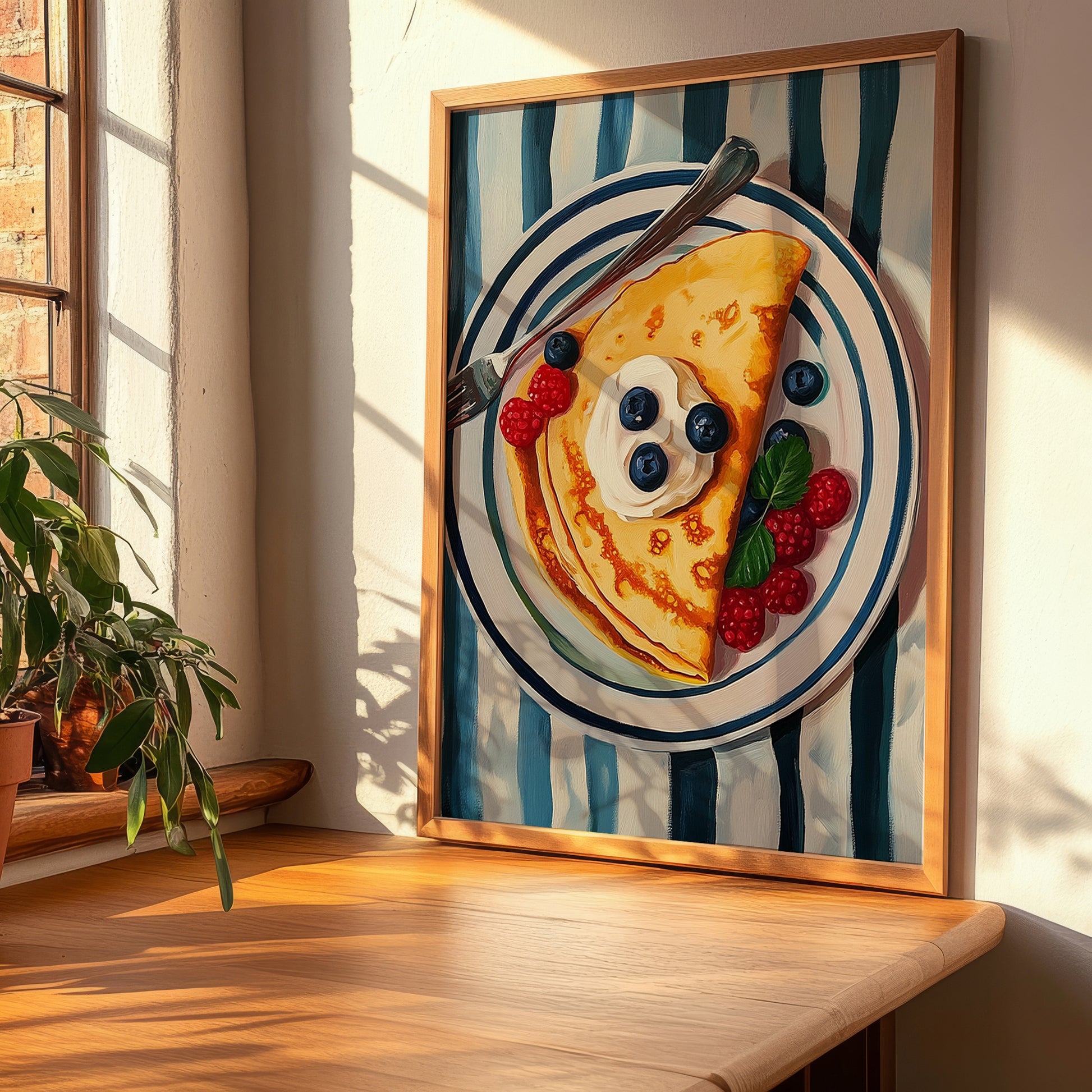 Crêpes – on Striped Tablecloth, French French Pastry Still Life, clean layout with no caption