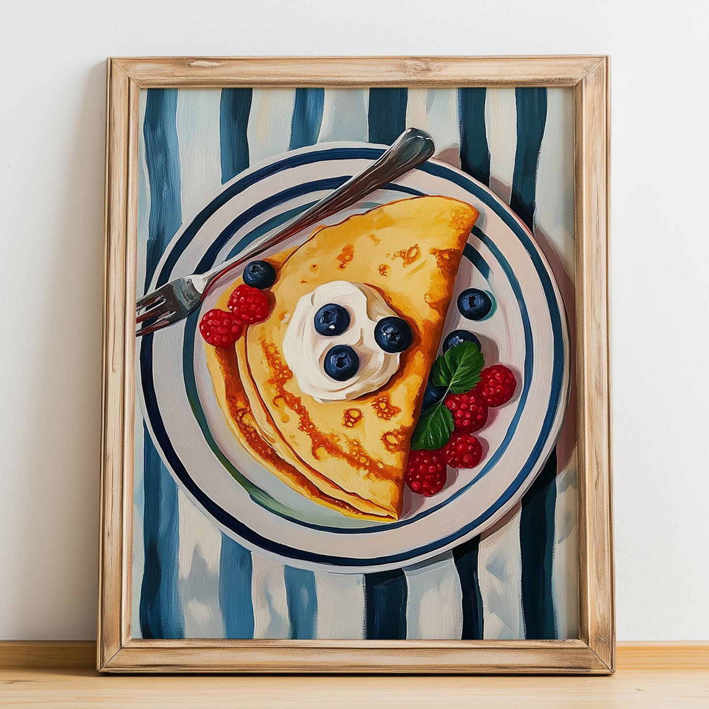 Crêpes – on Striped Tablecloth, French French Pastry Still Life, no-text version framed in wood