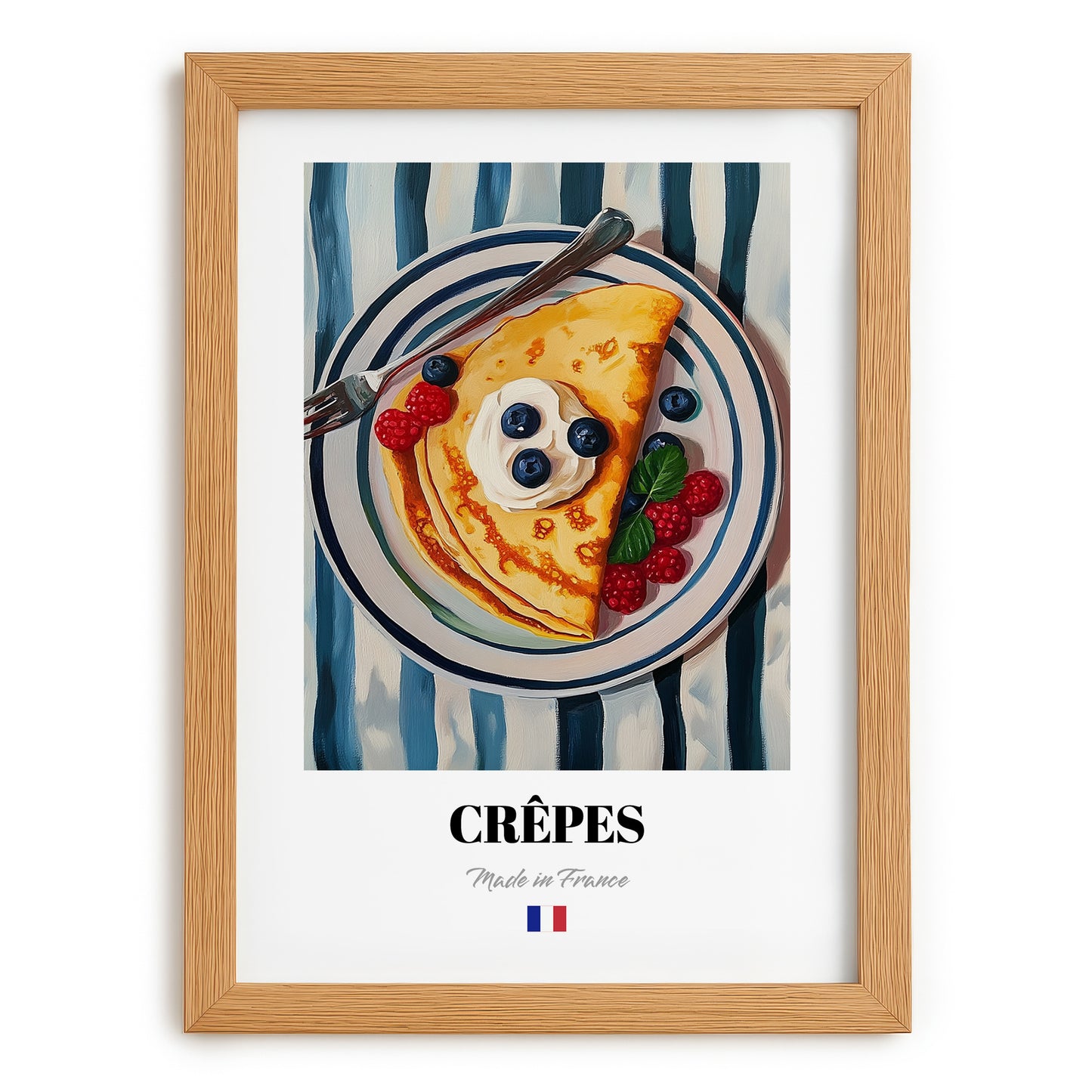 Crêpes – on Striped Tablecloth, French French Pastry Still Life, set in oak frame