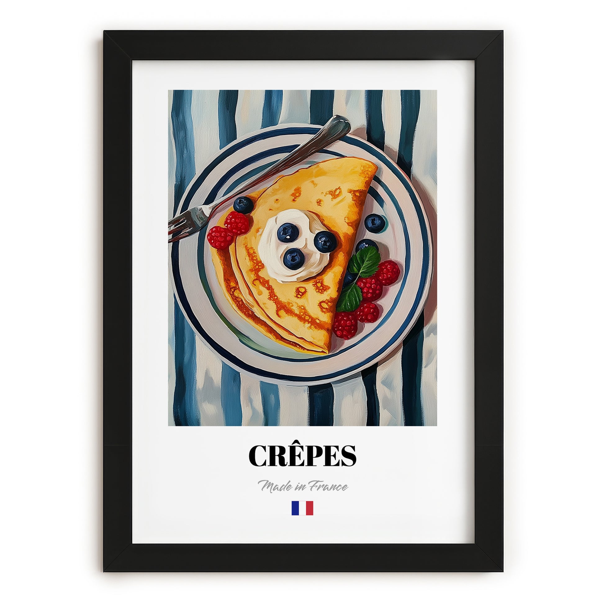 Crêpes – on Striped Tablecloth, French French Pastry Still Life, in sleek black frame