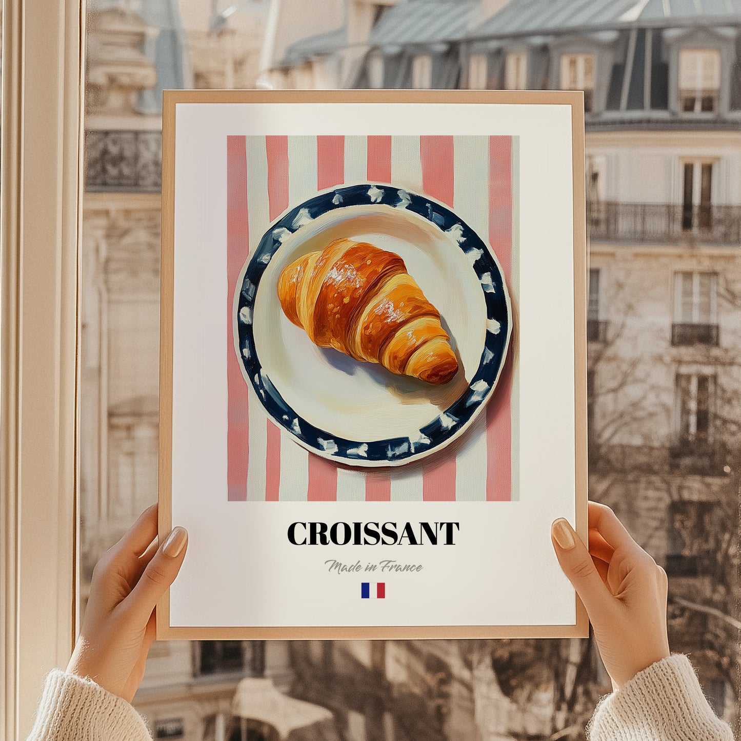Croissant – on Striped Tablecloth, French French Pastry Wall Art, styled in a charming Paris street view